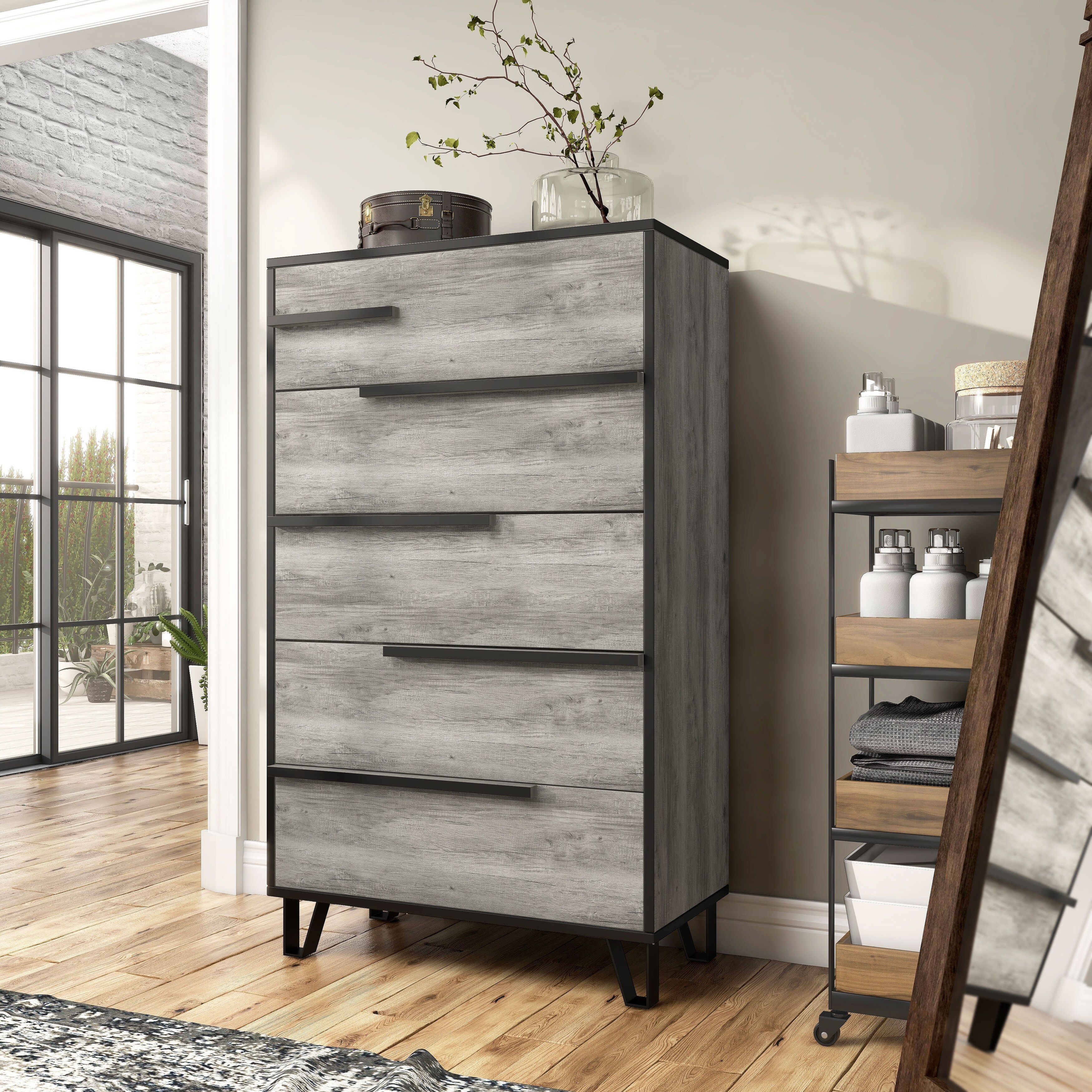 DH BASIC Modern Vintage Gray Oak 5-Drawer Chest by Denhour - - 32429329 - Mycitystee