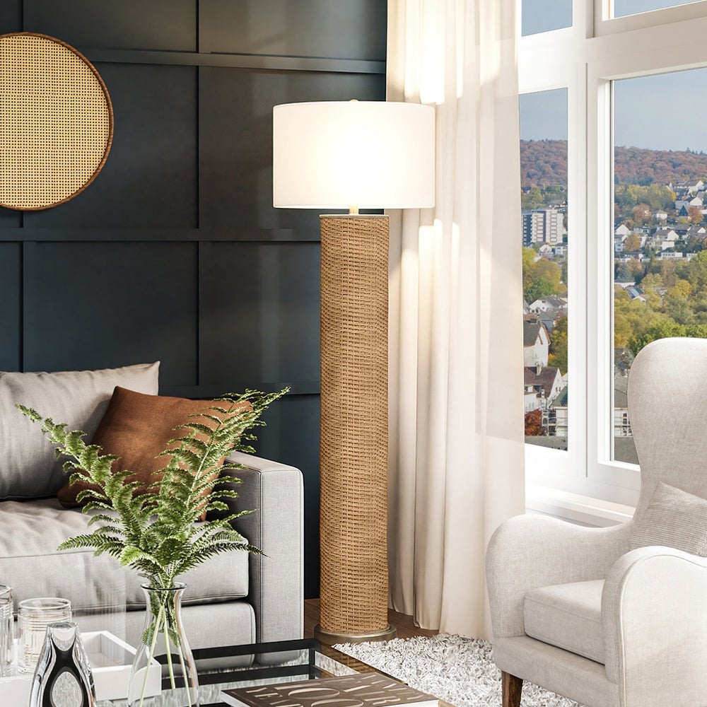 Luxury Scandinavian Floor Lamp， 19''W x 19''D x 64''H， with Modern-Farmhouse Elements， Natural Brown Finish and Linen Shade - Mycitystee