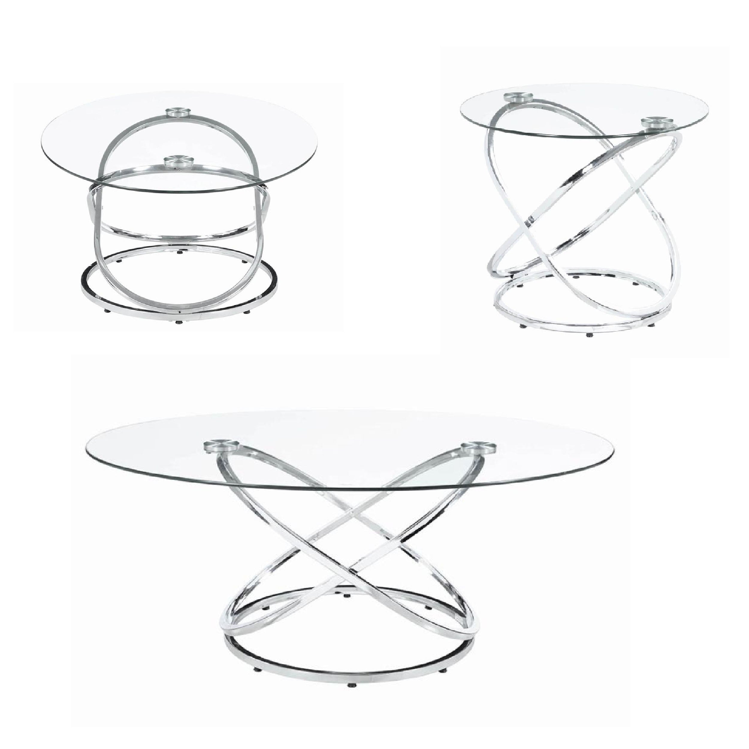 Modern 3 Piece Coffee Table Set with 2 End Tables， Glass Tabletop， Chrome - Mycitystee