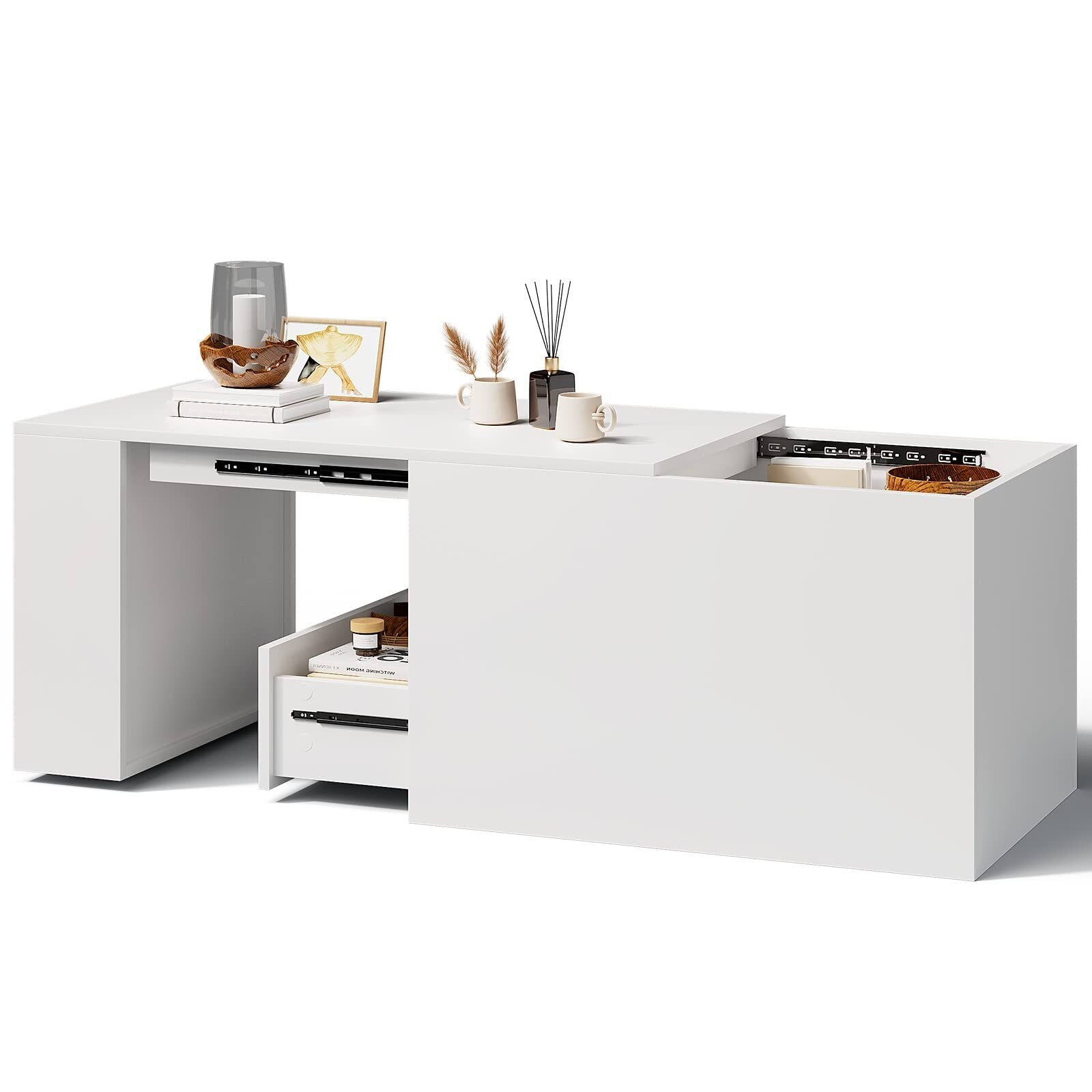 Coffee Table with Hidden Sliding Storage Drawer，Extendable Coffee Table， Modern Coffee Desk for Living Room Reception Room，White - Mycitystee