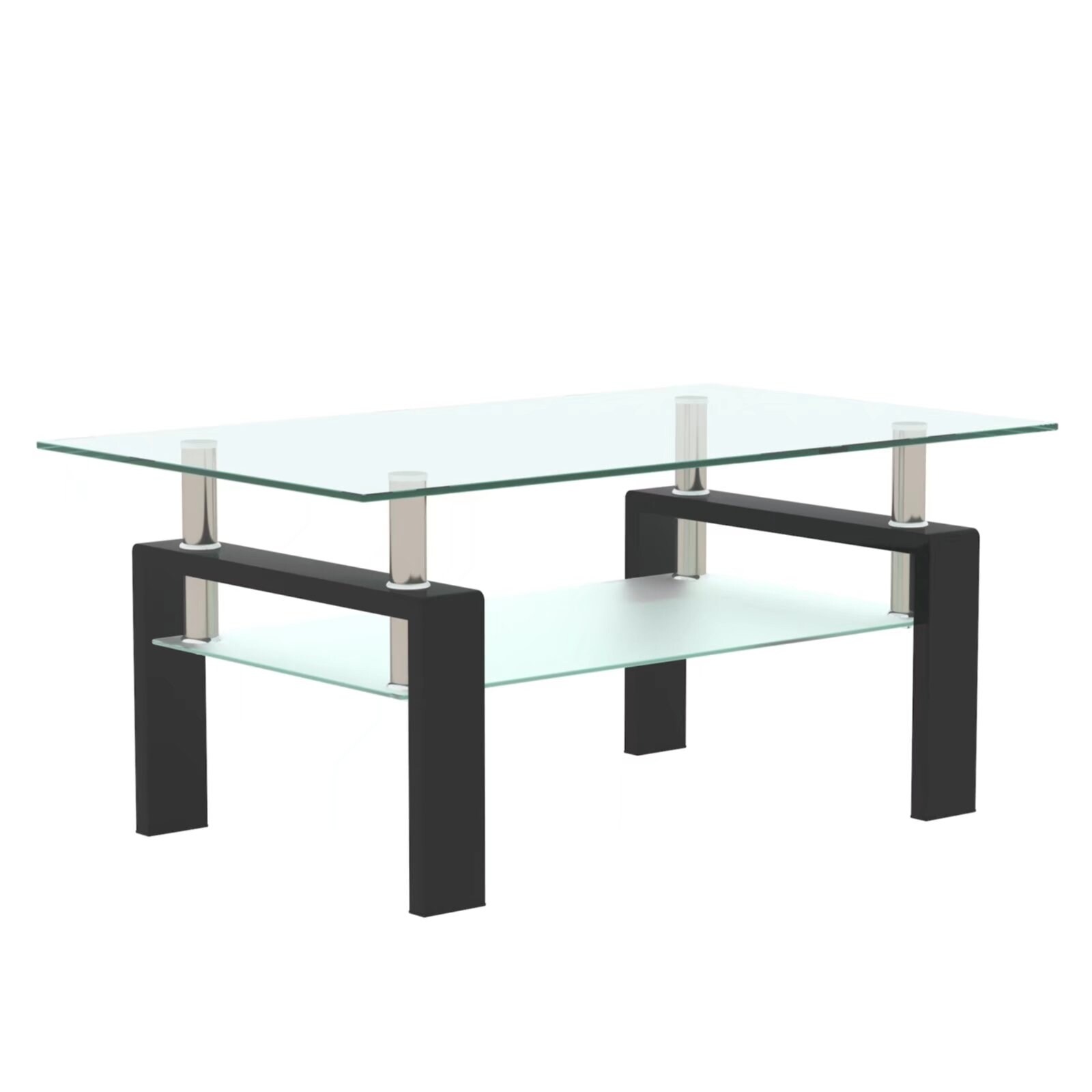 2-Tier Rectangle Black Glass Coffee Table， Clear Coffee Table，Modern Side Center Tables for Living Room， Office Furniture - Mycitystee