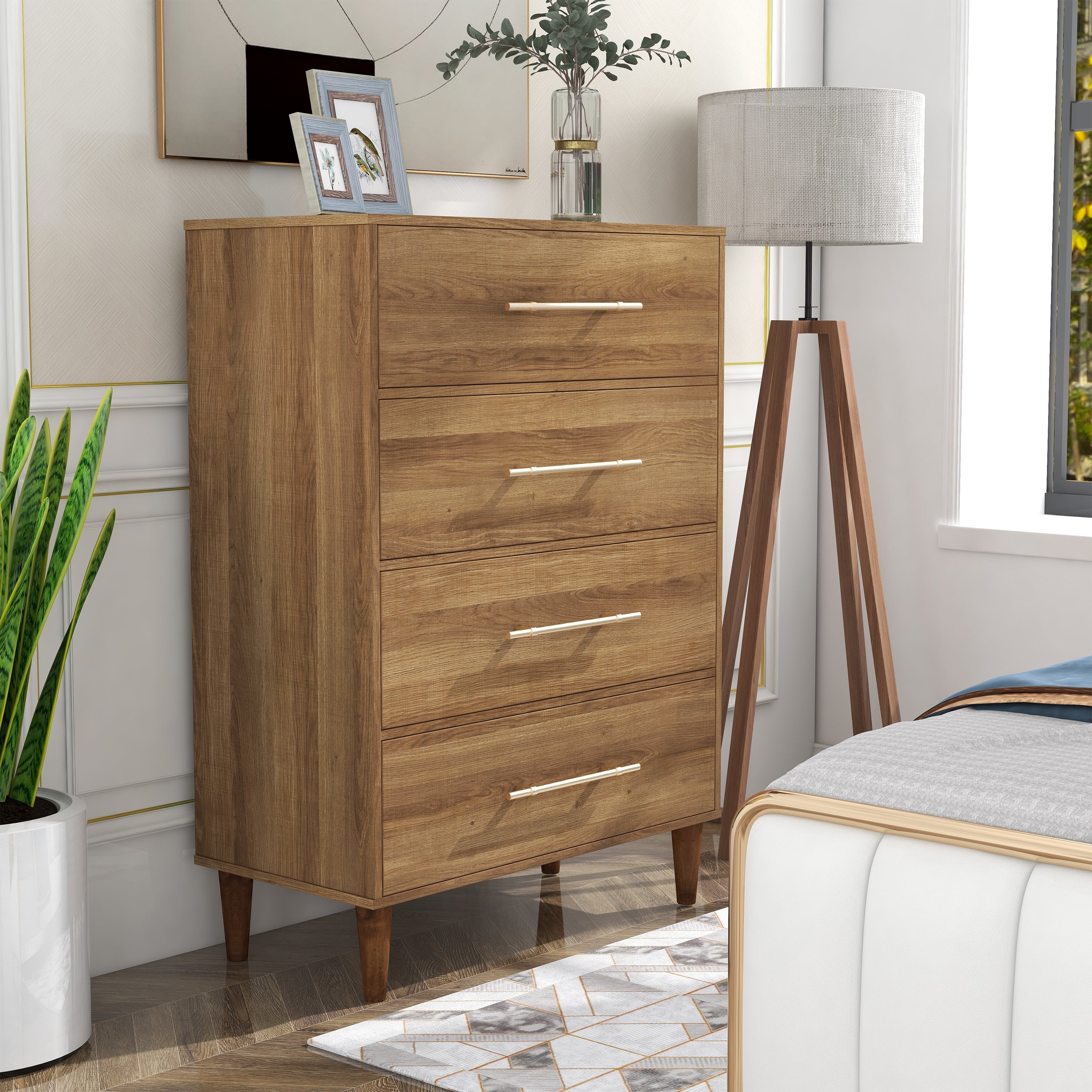 Furniture of America Quinset Mid-Century Modern Oak 4-Drawer Tall Dresser - - 36048729 - Mycitystee