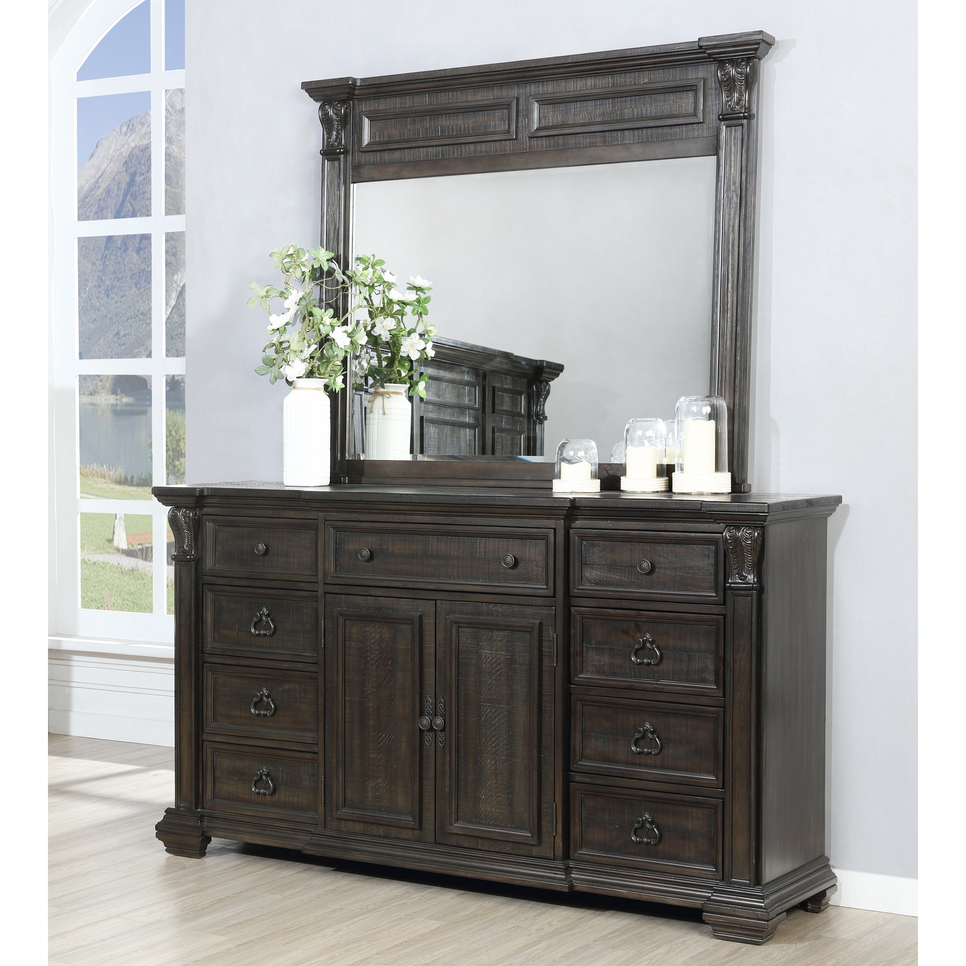 Roundhill Furniture Farson Distressed Dark Walnut Finish Wood Dresser Mirror with Door - - 33084957 - Mycitystee