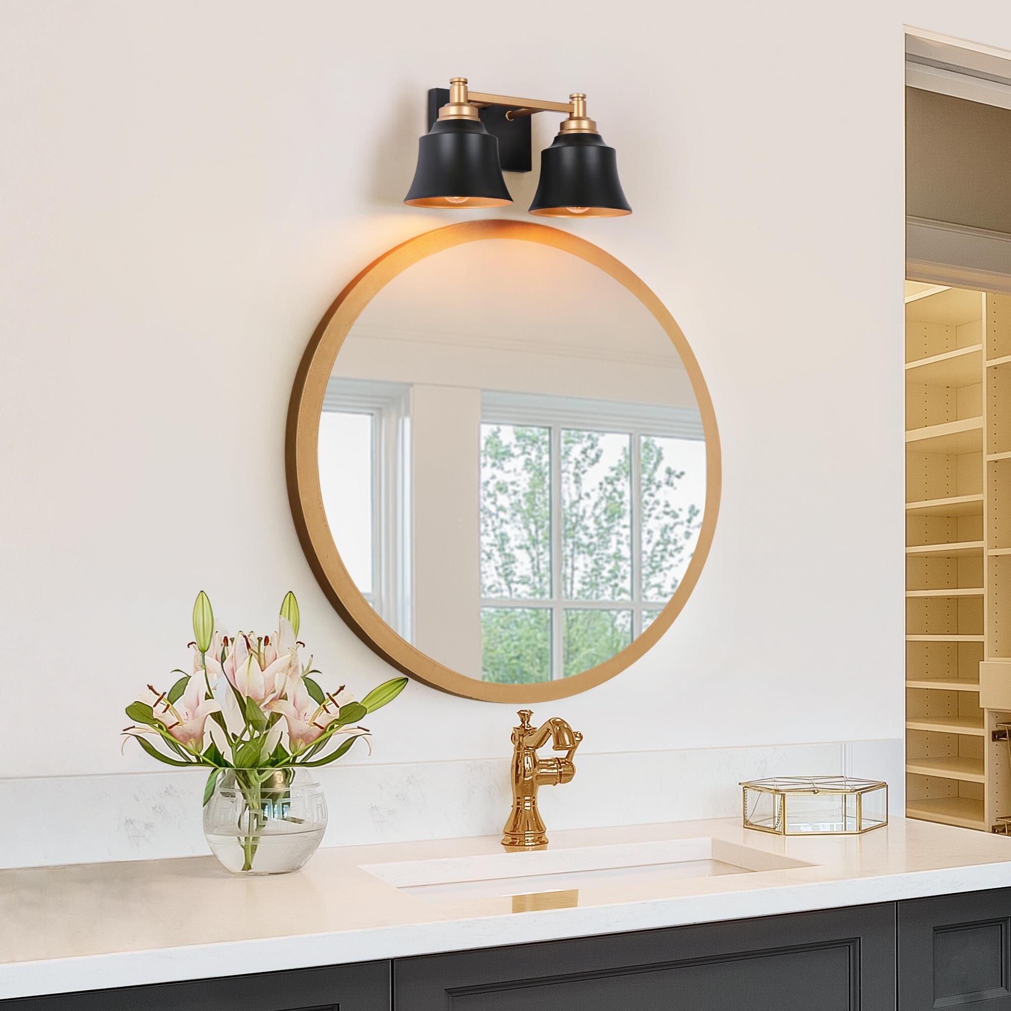 Mid-Century Modern Gold 2-Light Bathroom Vanity Light Transitional Black Metal Wall Sconces - L 14.5