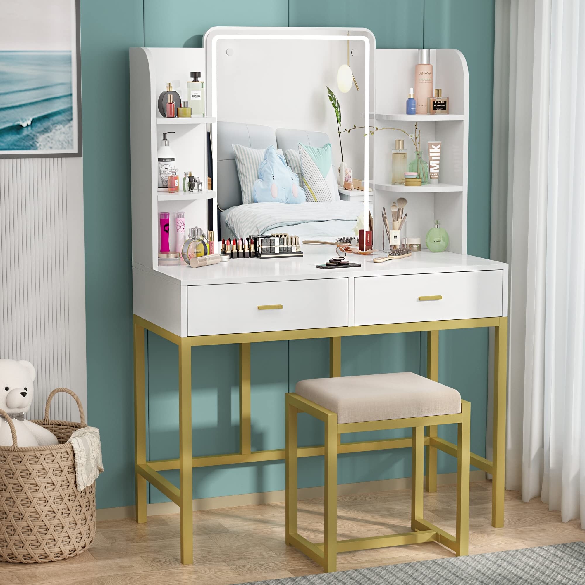 Vanity Set with Lighted Mirror， Makeup Vanity Dressing Table with LED Lights， Storage Shelves - as picture - - 37668195 - Mycitystee