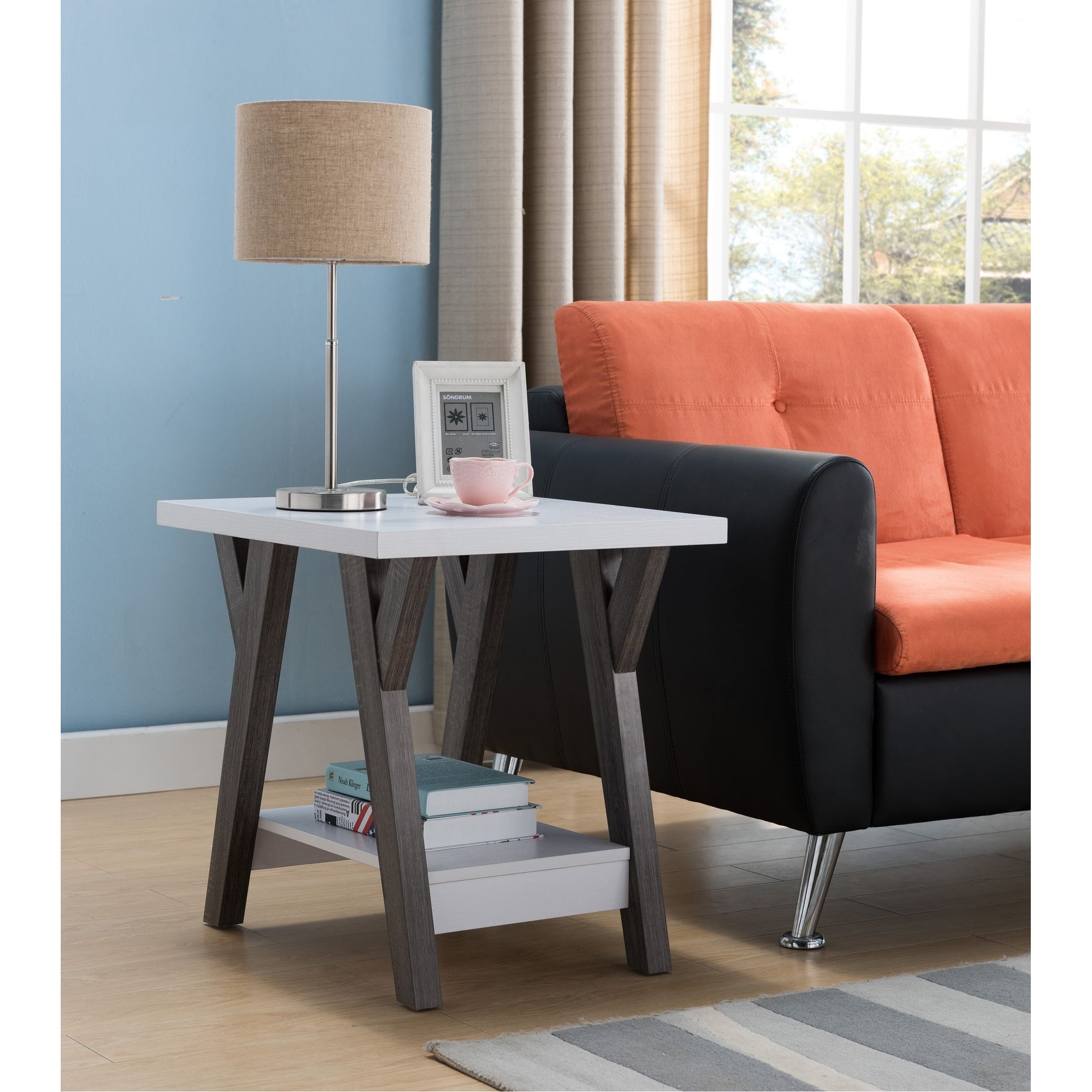 Q-Max Two-Tone Wooden End Table， White and Distressed Gray - Mycitystee