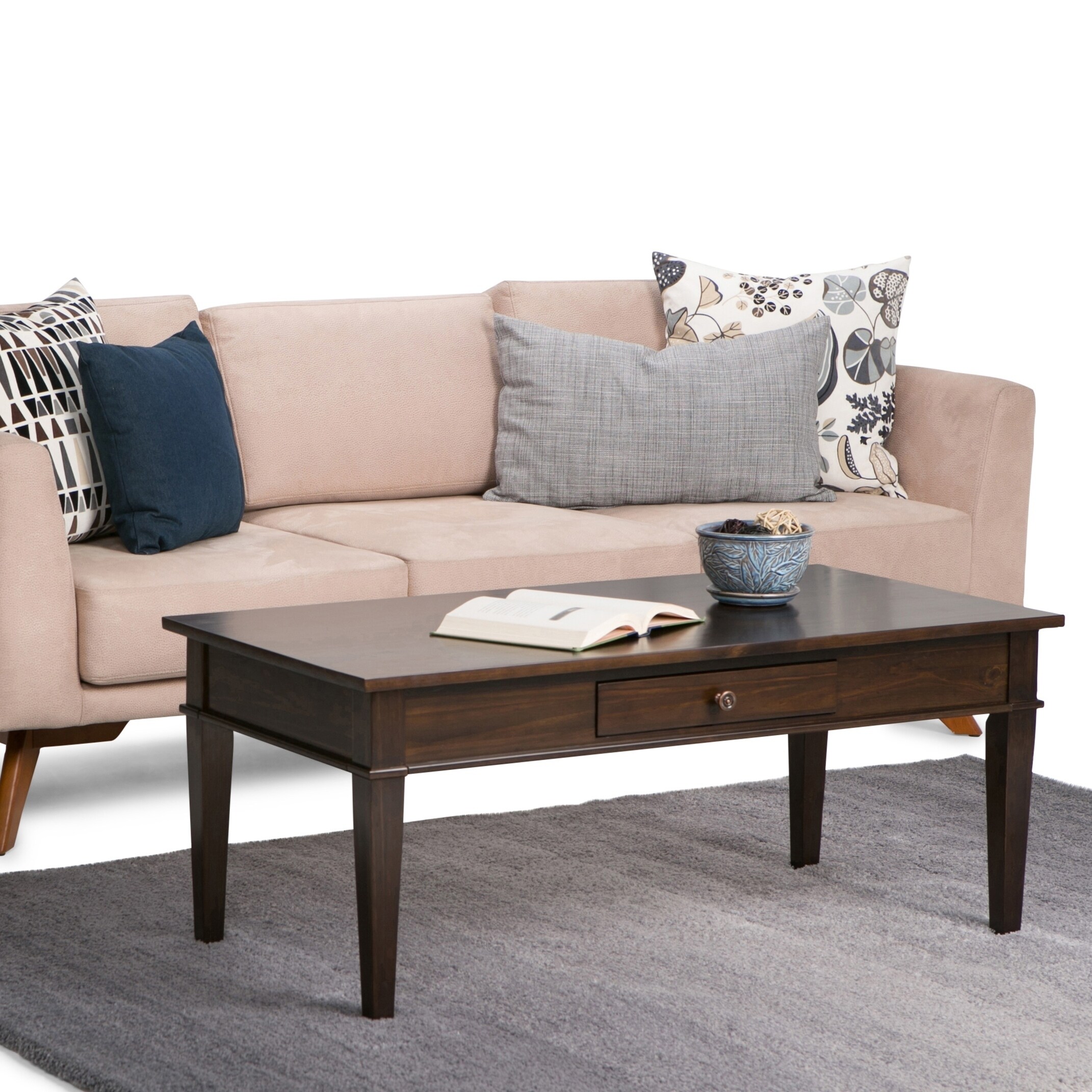 WYNDENHALL Sterling SOLID WOOD 44 inch Wide Rectangle Transitional Coffee Table in Dark Tobacco Brown - 44 W x 22 D x 19 H - Mycitystee