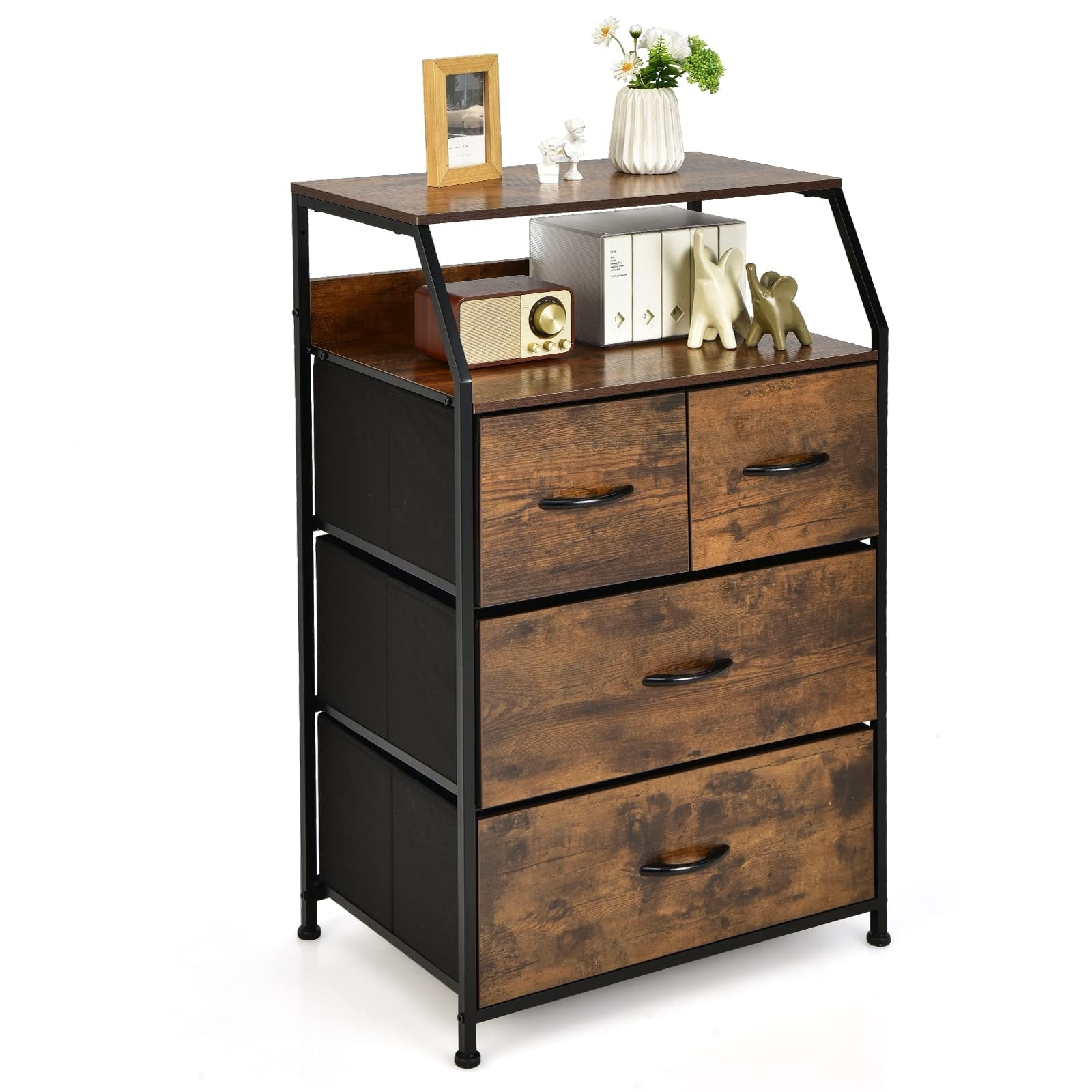 4 Drawer Dresser for Bedroom， Industrial End Table with Sturdy Steel Frame， Dresser Storage Tower with 4 Foldable Fabric Drawers - - 37668723 - Mycitystee