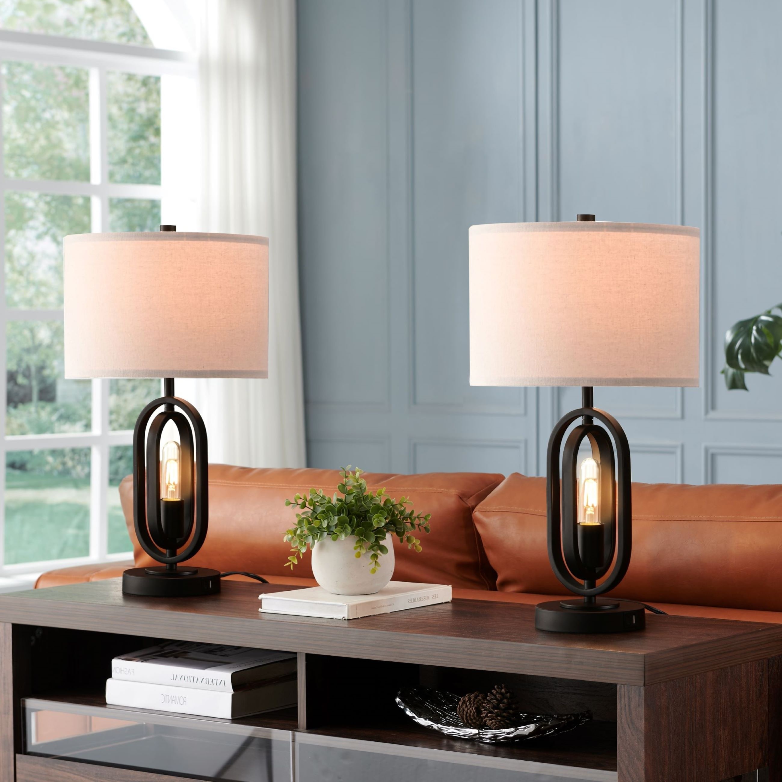 KAWOTI 21.5” Table Lamp Set With USB Port AC Outlet And Bulbs Included - W12