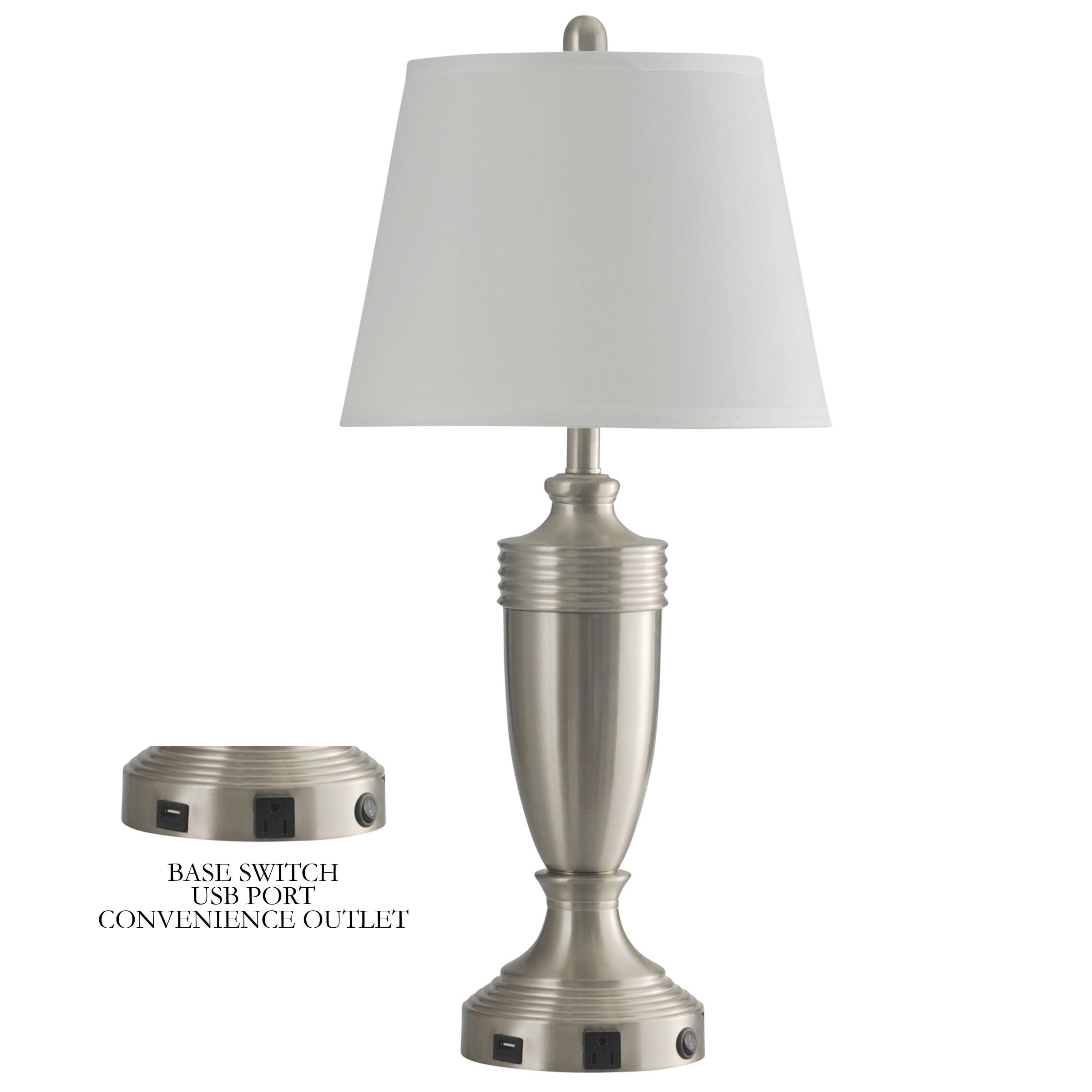 StyleCraft Brushed Steel Metal Table Lamp with Outlet - White Hardback Shade - Mycitystee