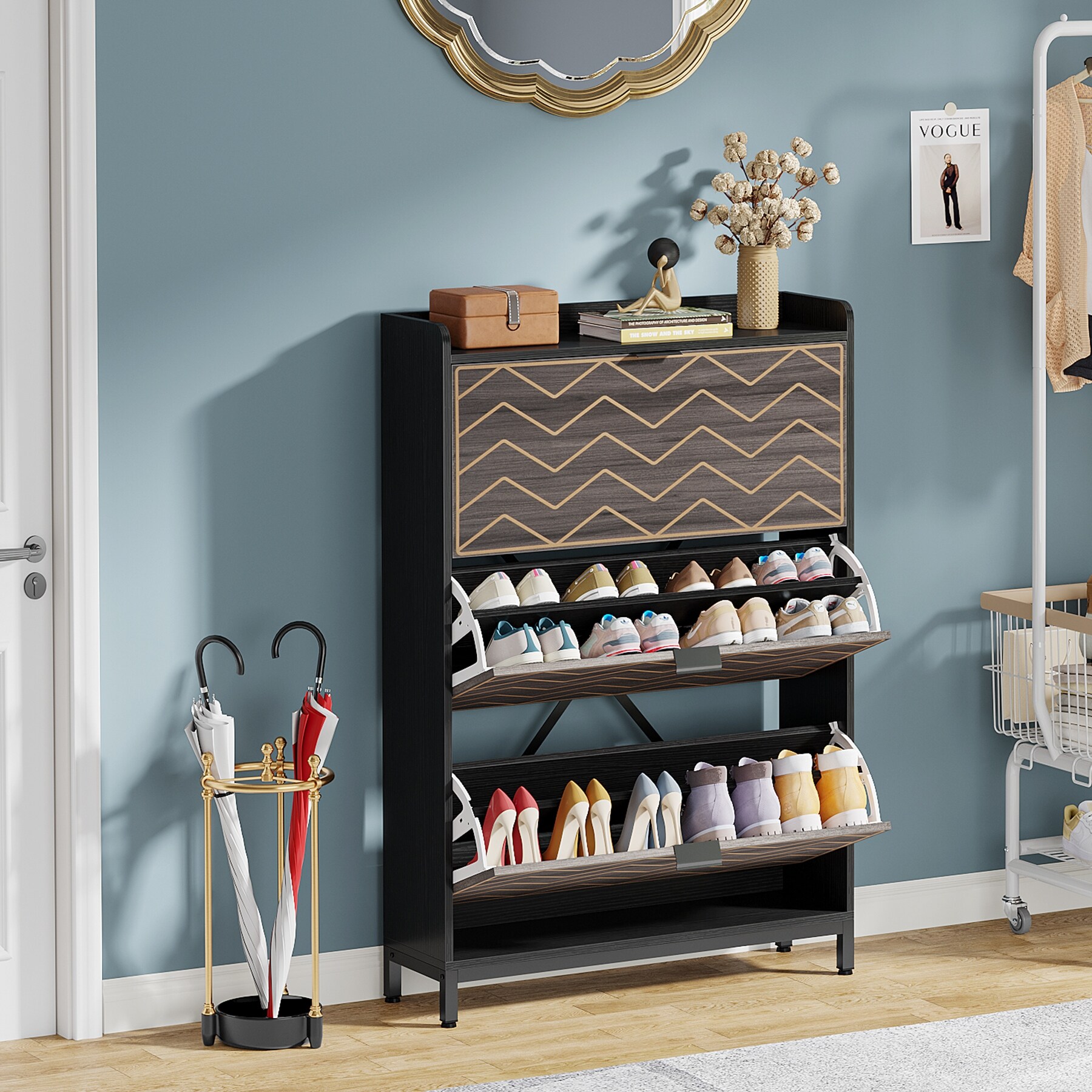 Modern Wood White Shoe Storage Cabinet with 3 Flip Doors，24 Pair Shoe Organizer Cabinet - - 37000096 - Mycitystee