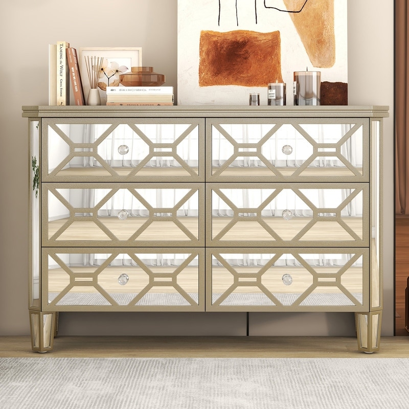 Modern 6 Drawer Mirrored Dresser， Glass Dresser and Chest of Drawers for Bedroom， Silver Finished Storage Cabinet - - 37888569 - Mycitystee