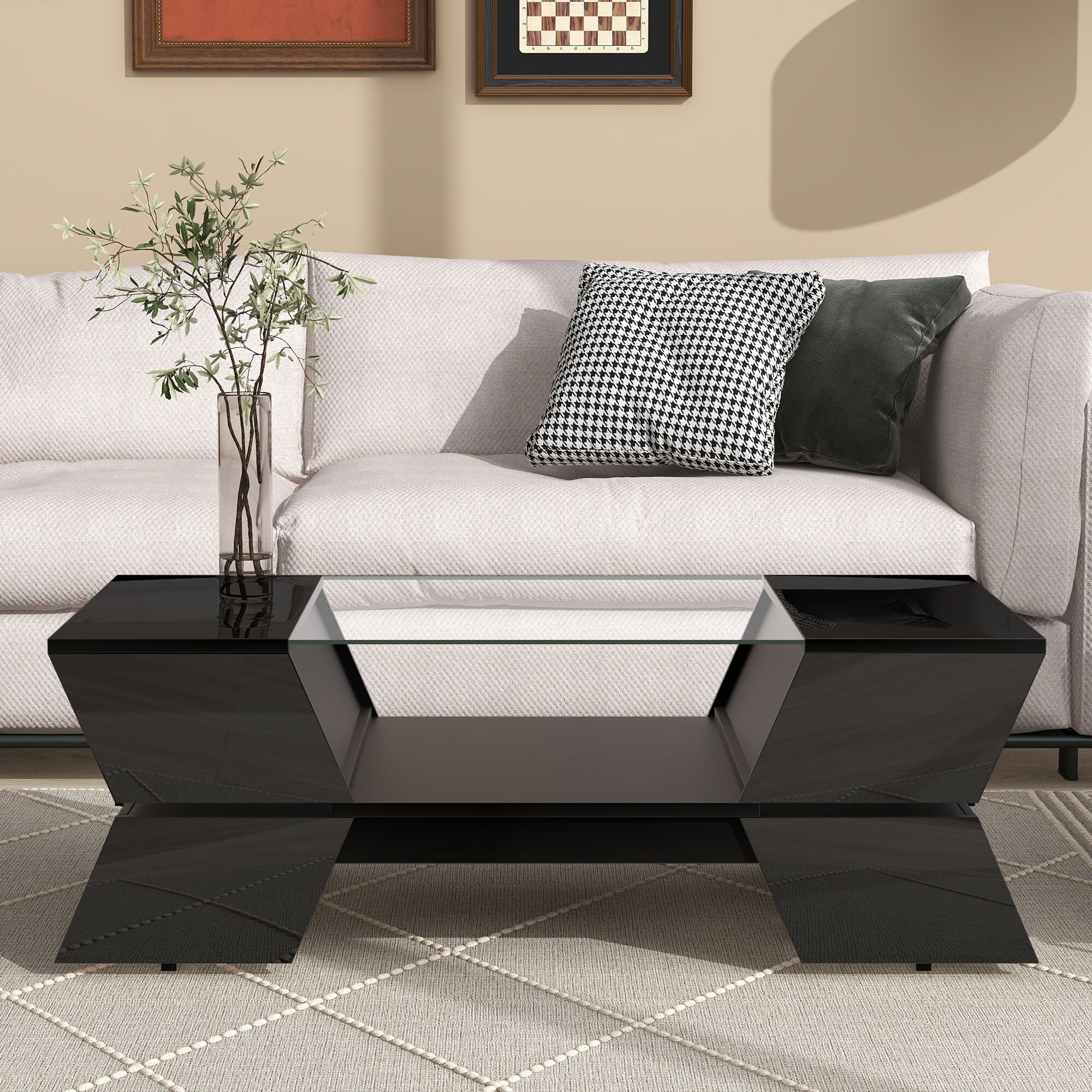 Modern 2-Tier Glass-Top Coffee Table With Open Shelves and Cabinets - Mycitystee