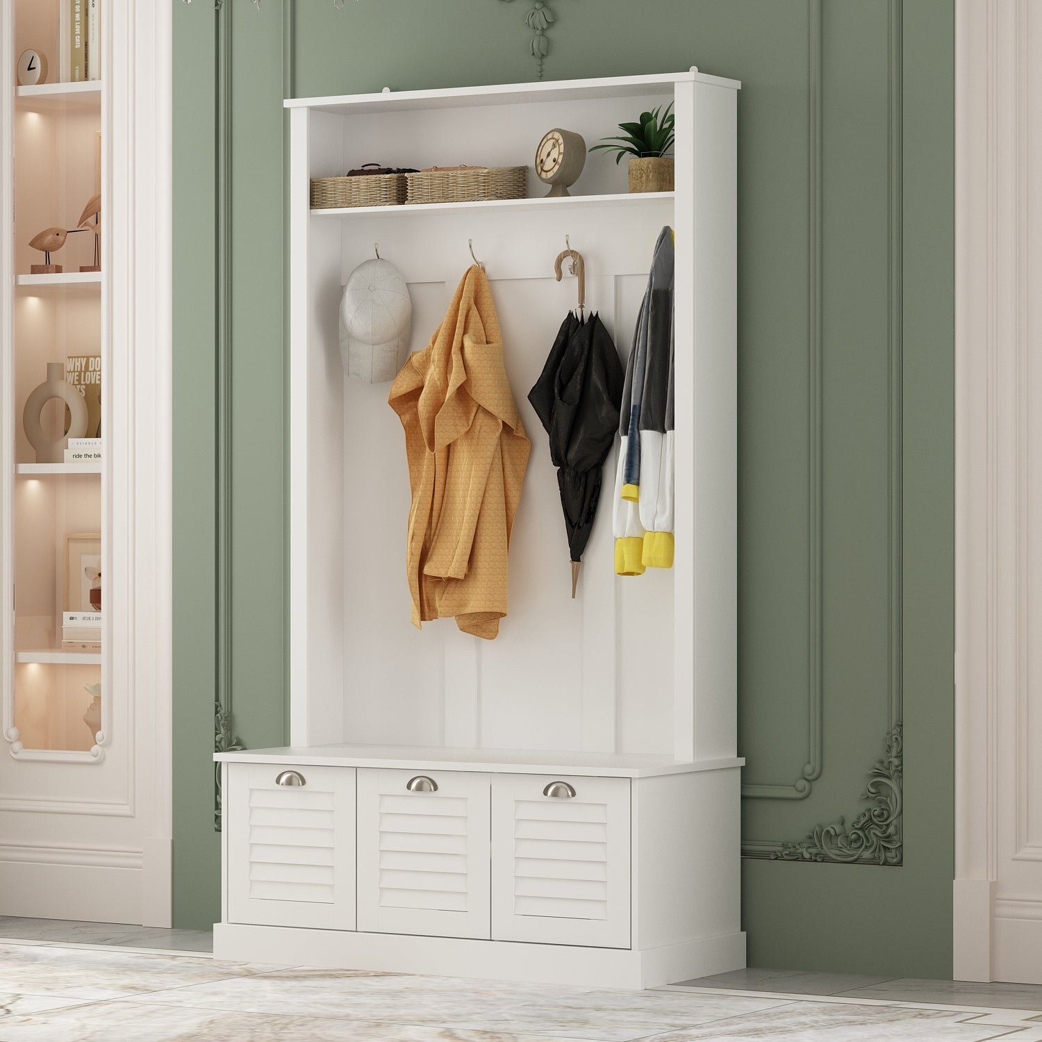4 Cubby Wide Hall Tree With Bench and Coat Hooks White Shoe Storage - - 37506472 - Mycitystee