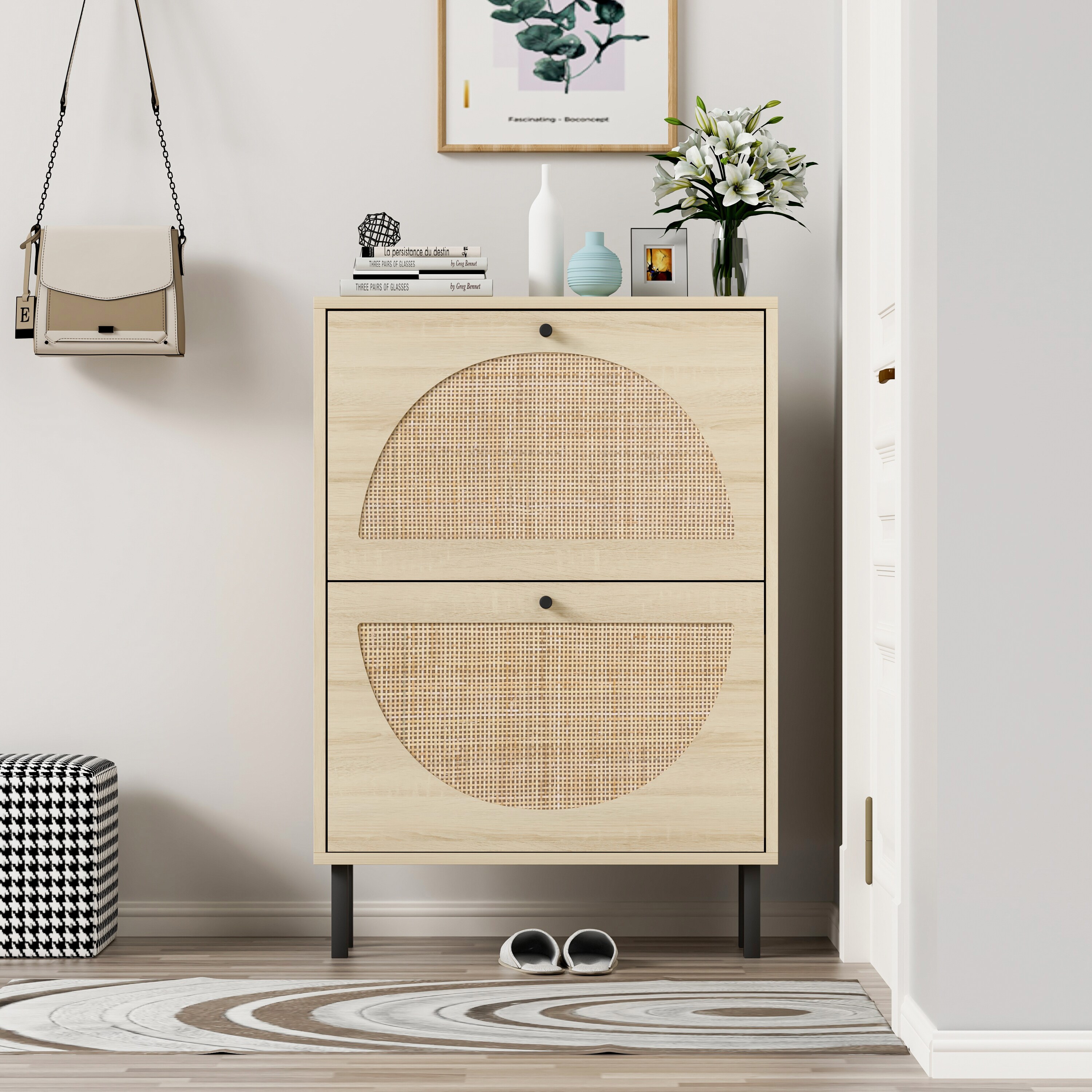 Rattan shoe cabinet with 2 flip drawers - - 37422045 - Mycitystee