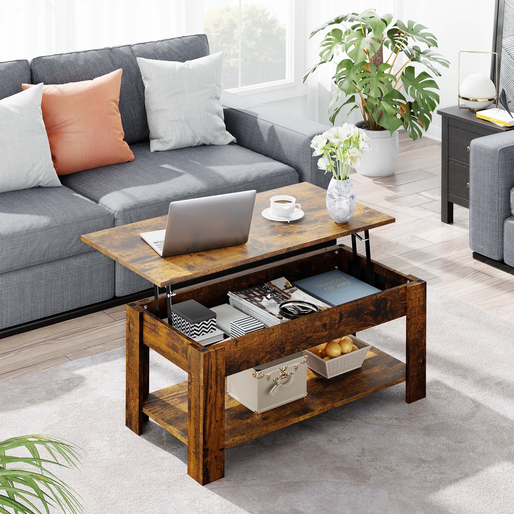 Futzca Lift Top Coffee Table with Storage Shelf and Hidden Compartment， 38.58in L， Rustic Brown - Mycitystee