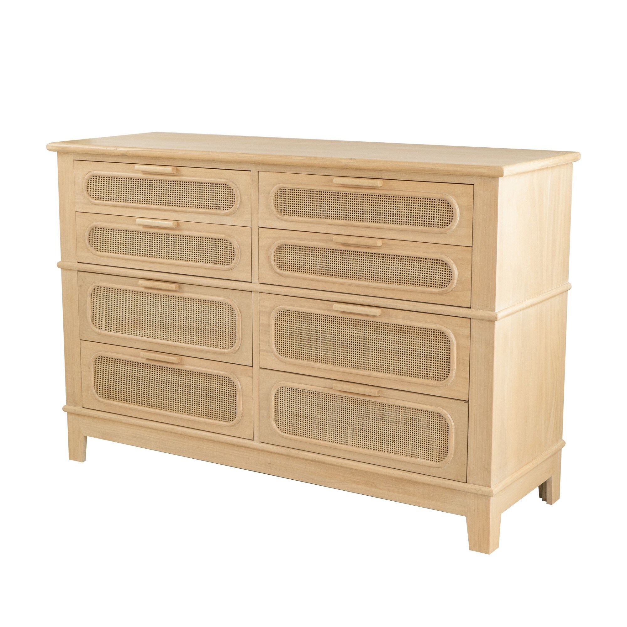 Dana 52 Inch Chest Cabinet， Pine Wood and Woven Rattan， 8 Drawers， Natural - - 36969259 - Mycitystee