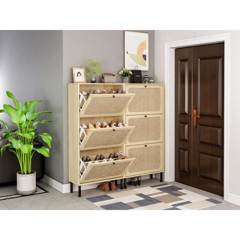 Natural Rattan 3 Door Shoe Rack Cabinet - - 37157276 - Mycitystee