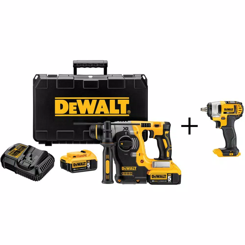 DEWALT 20-Volt MAX XR Brushless 1 in. SDS Plus L-Shape Rotary Hammer， (2) 20-Volt 5.0Ah Batteries and 3/8 in. Impact Wrench and#8211; XDC Depot - Mycitystee