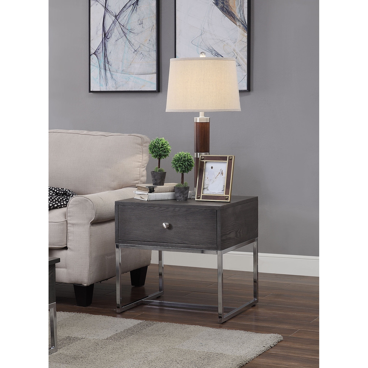Aoolive Wooden End Table with 1 Drawer in Gray Oak and Chrome - Mycitystee