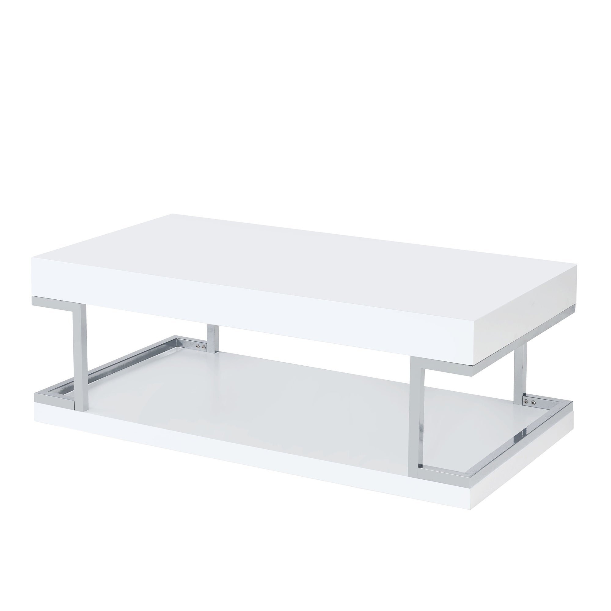 High Gloss Contemporary Coffee Table with Bottom Shelf， White and Silver - Mycitystee