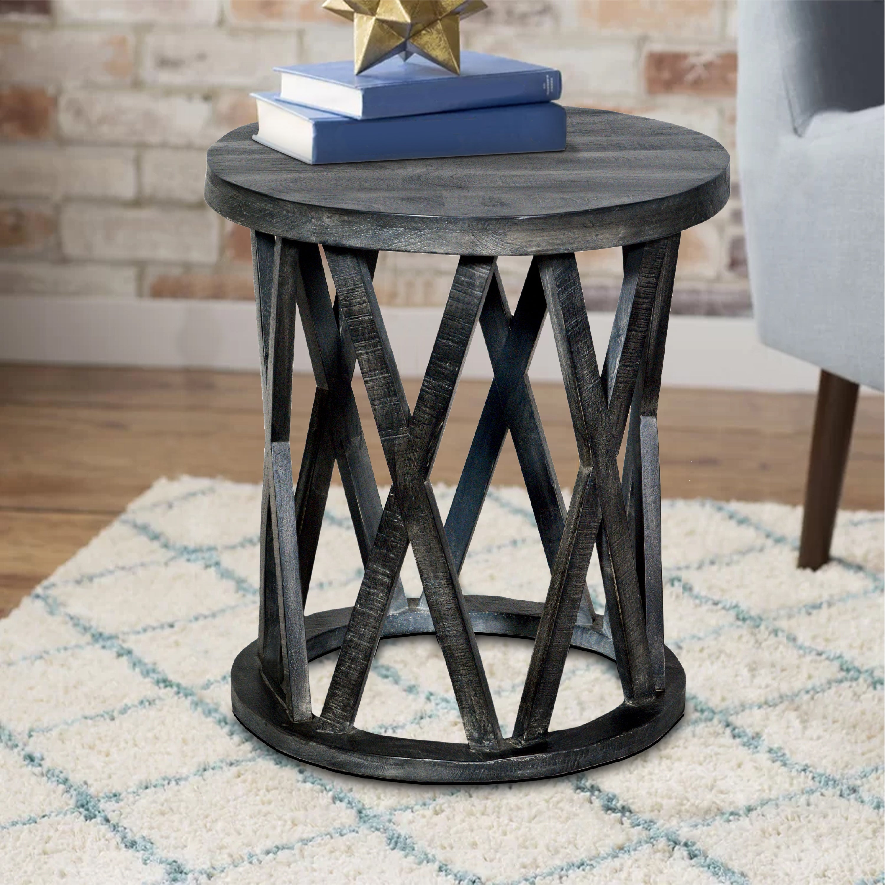 22 Inch Farmhouse Style Round Wooden End Table with Airy Base， Gray - Mycitystee