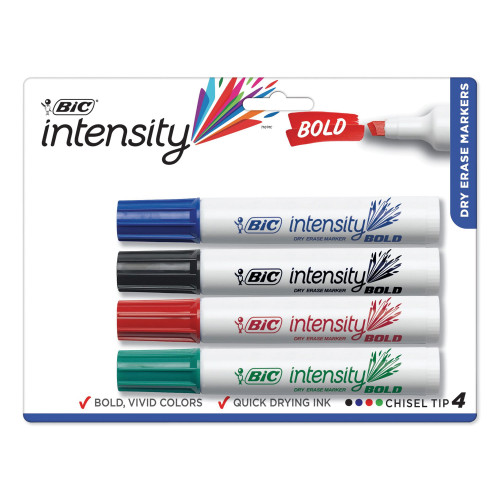 BIC Intensity Bold Tank-Style Dry Erase Marker， Broad Chisel， Assorted Colors， 4/Set (DECP41ASST) - Mycitystee