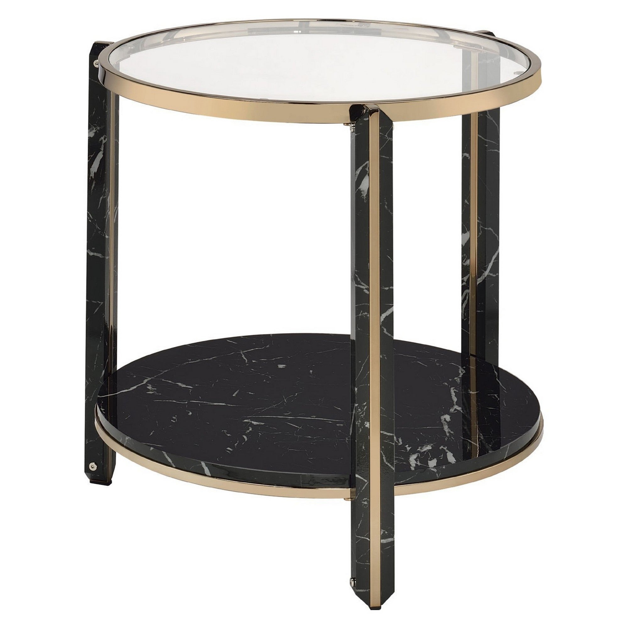 End Table with Glass Top and Faux Marble Shelf， Black and Gold - Mycitystee