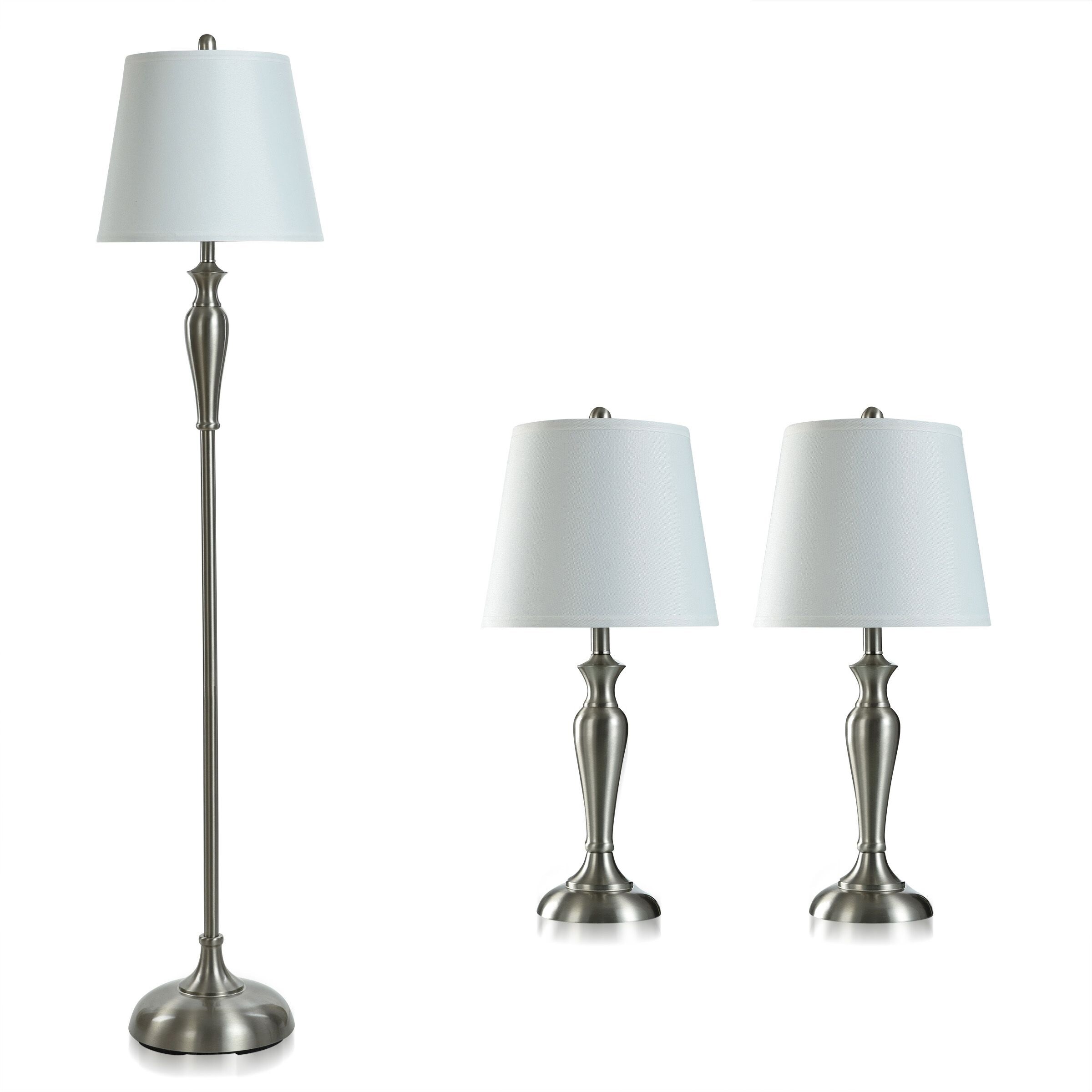 Two Table Lamps and One Floor Lamp with White Hardback Shades - Brushed Steel - 12