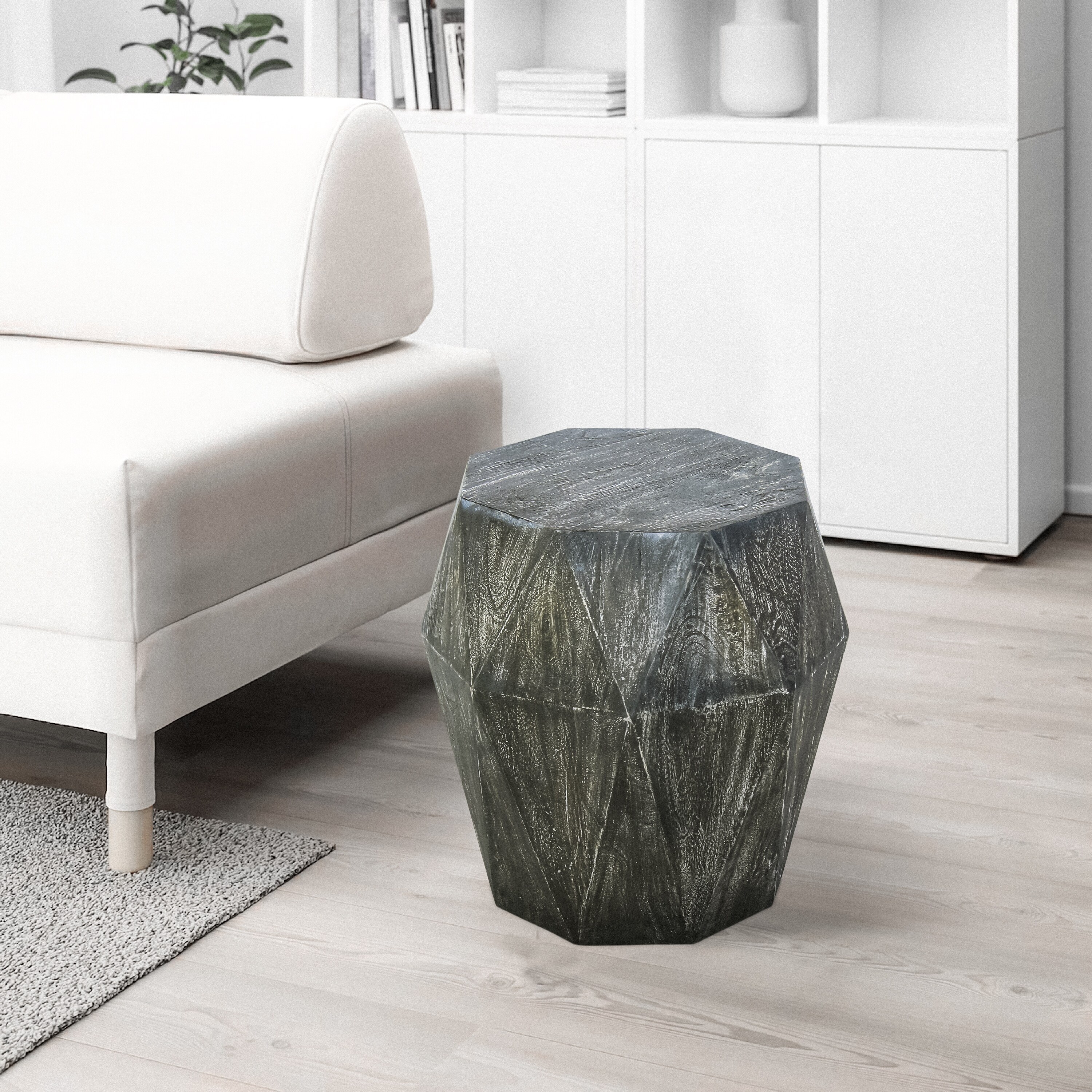 22 Inch Mango Wood Side End Table with Octagonal Faceted for Bedroom， Living Room， Chiseled Edges， Rustic Gray - Mycitystee