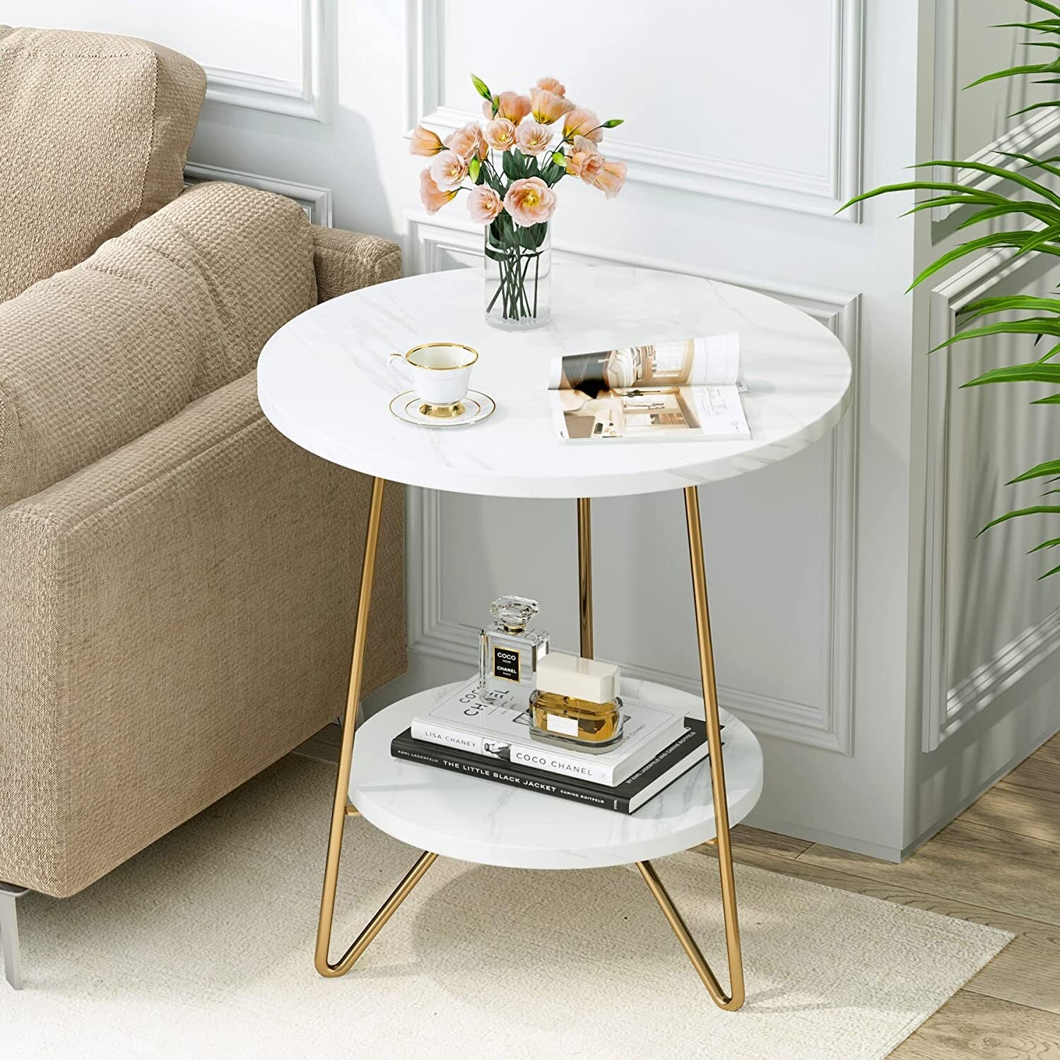 Gold End Table White Round Side Table Nightstand Bedside Table - Mycitystee
