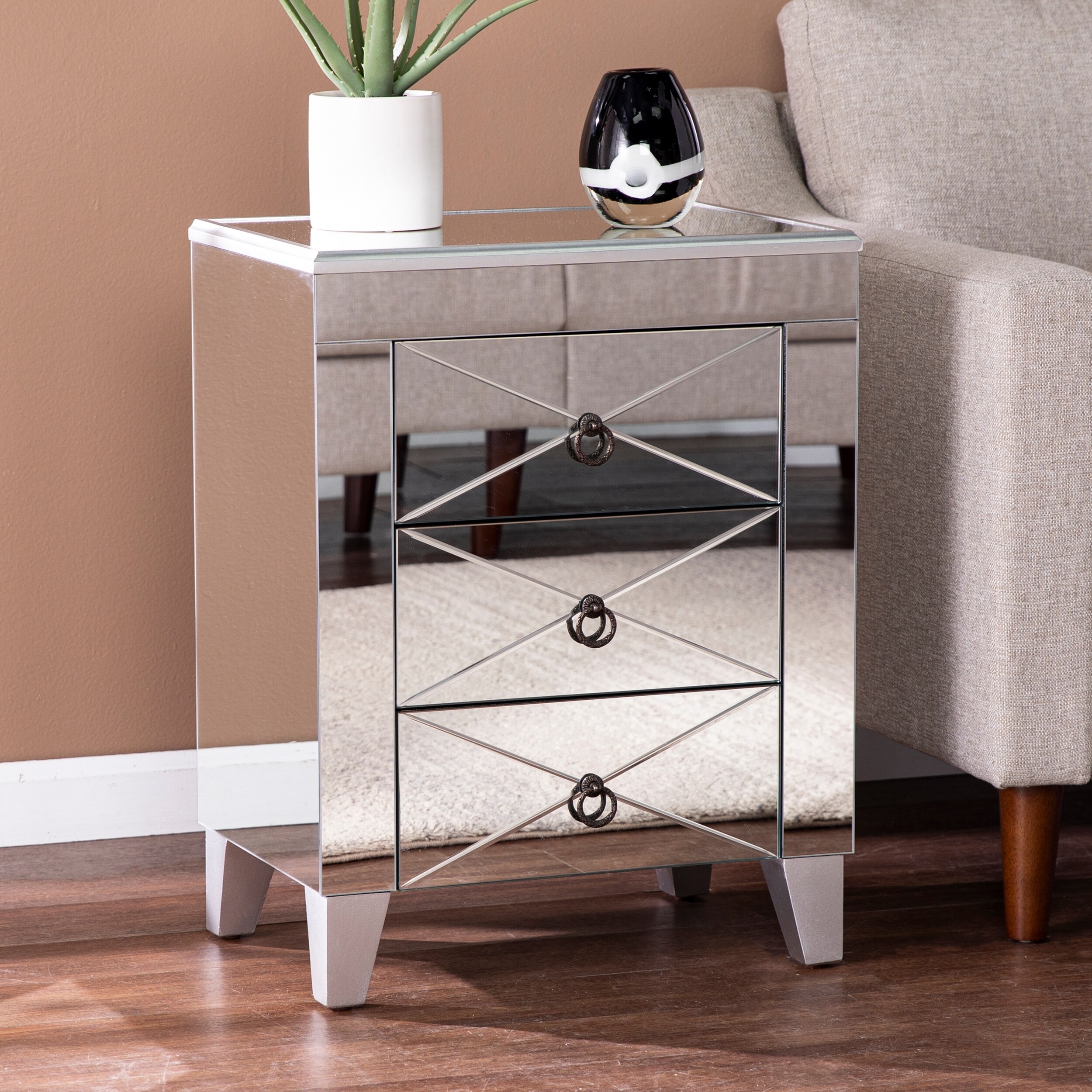 SEI Furniture Churchill Mid Century Modern Mirrored Side Table with Storage - Mycitystee