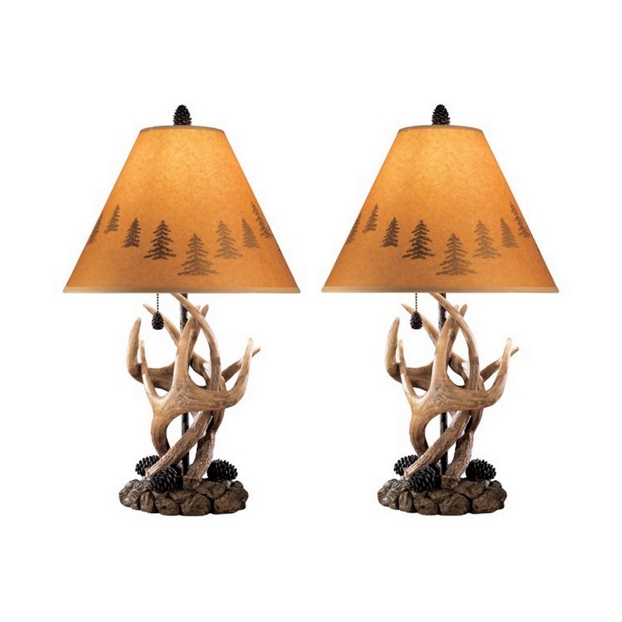 Resin Body Table Lamp with Antler and Pinecone Design， Set of 2， Brown - Mycitystee