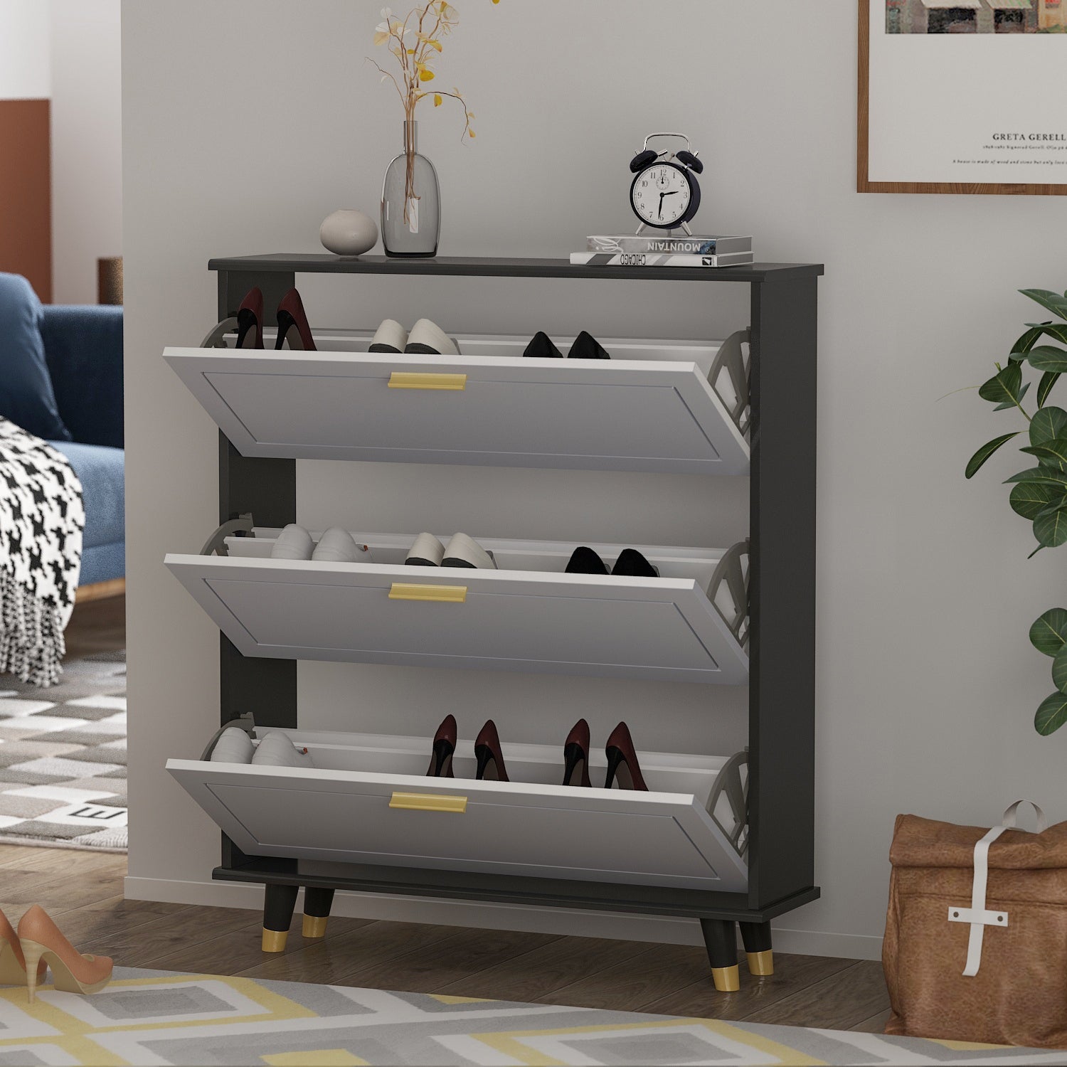 Kerrogee 24-Pair Shoe Storage Cabinet with 3 Fold Drawers Grey - - 35491723 - Mycitystee