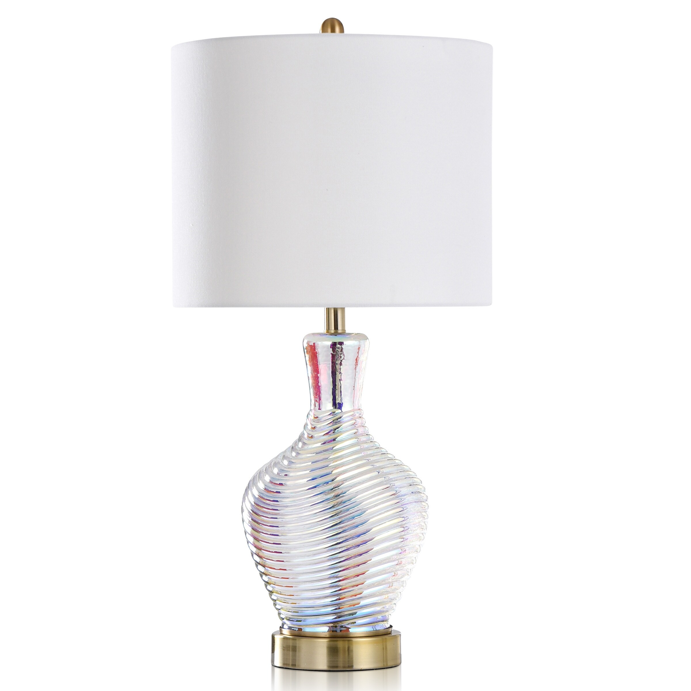 Cameron - Dichroic Swirl Glass Body Table Lamp With Metal Base - Nebula Pearl Finish - Off-White Shade - Mycitystee