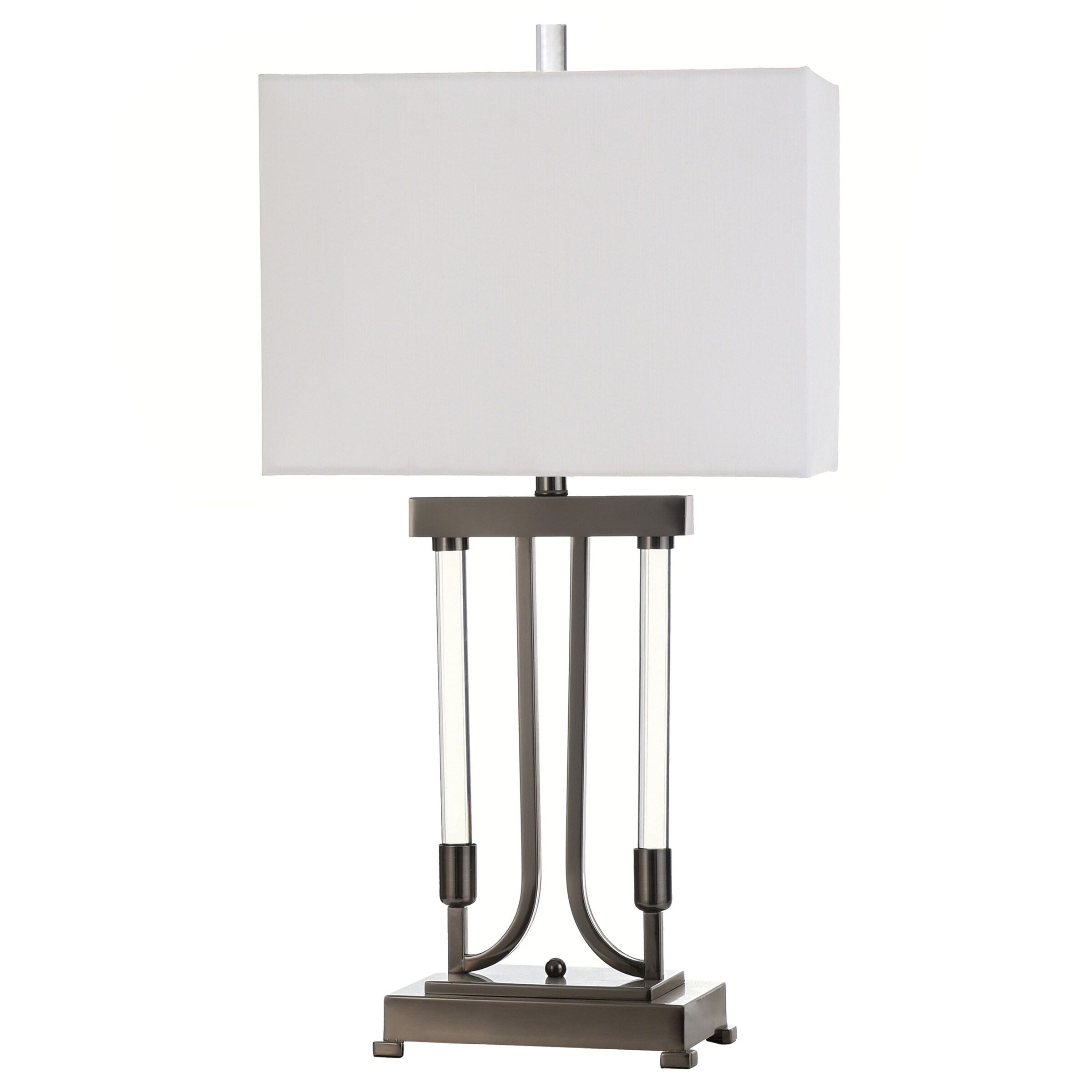 Evian - Two-Tone Ceramic Table Lamp - Speckled Cream， Greige Finish - Brushed Silver Base - White Linen Shade - Mycitystee