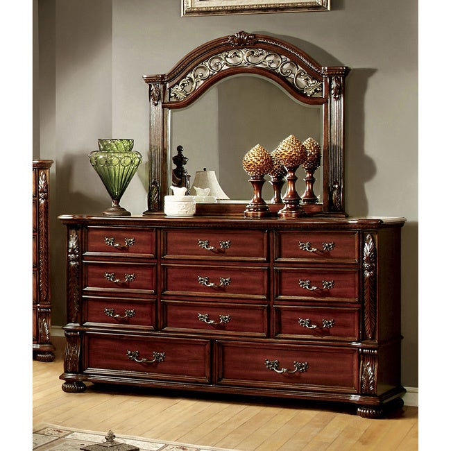 Furniture of America Ulis Cherry 2-piece Dresser and Mirror Set - - 10001168 - Mycitystee