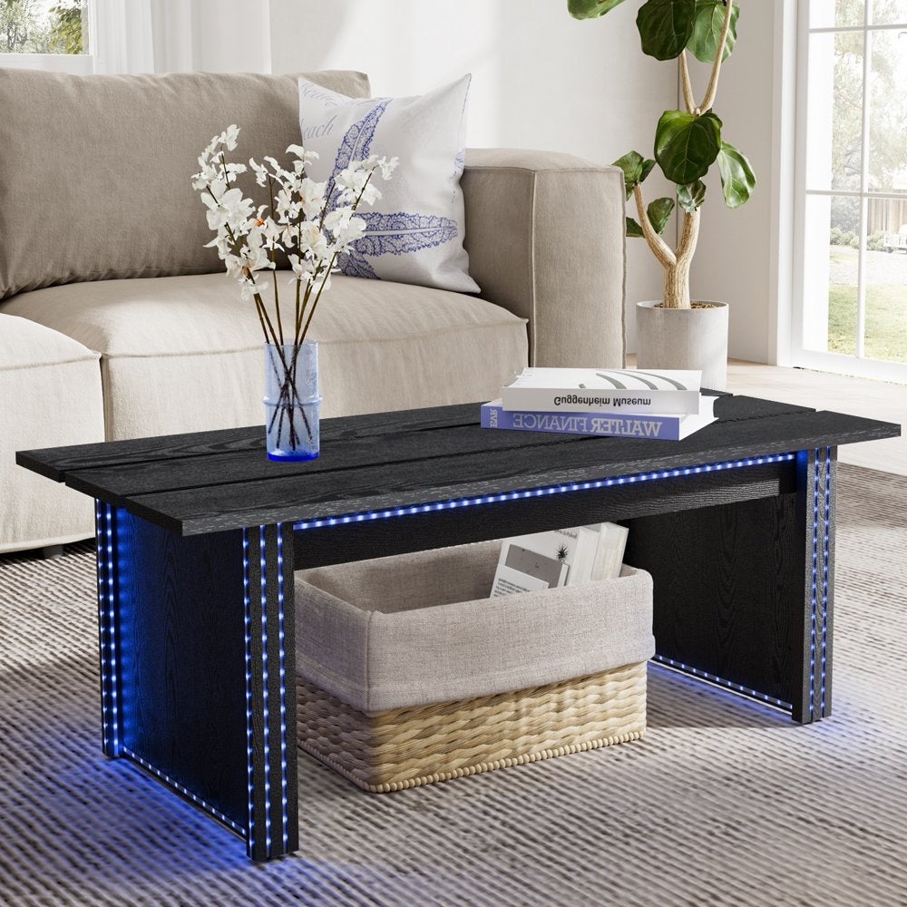Farmhouse Wood LED 42 Inch Coffee Table， Black - Mycitystee