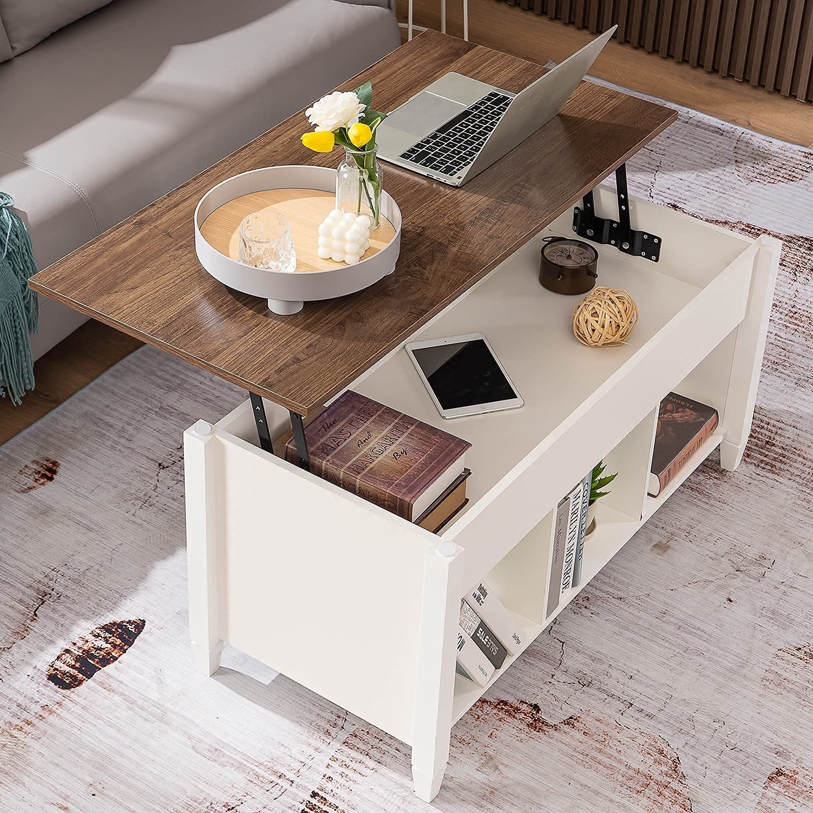 Lift Top Coffee Table， White Coffee Table with Lift Top， Lift Up Coffee Table with Storage Shelf/Hidden Compartment - Mycitystee