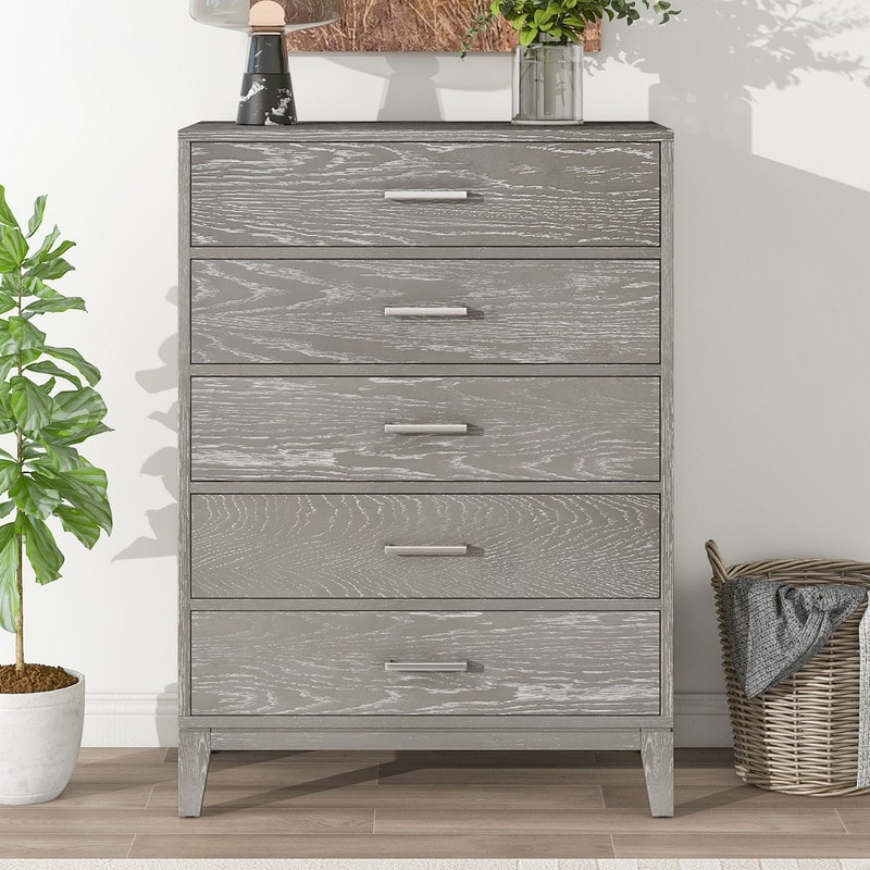 Modern Solid wood Chest with 5 Drawers，Grey grain - - 37211466 - Mycitystee
