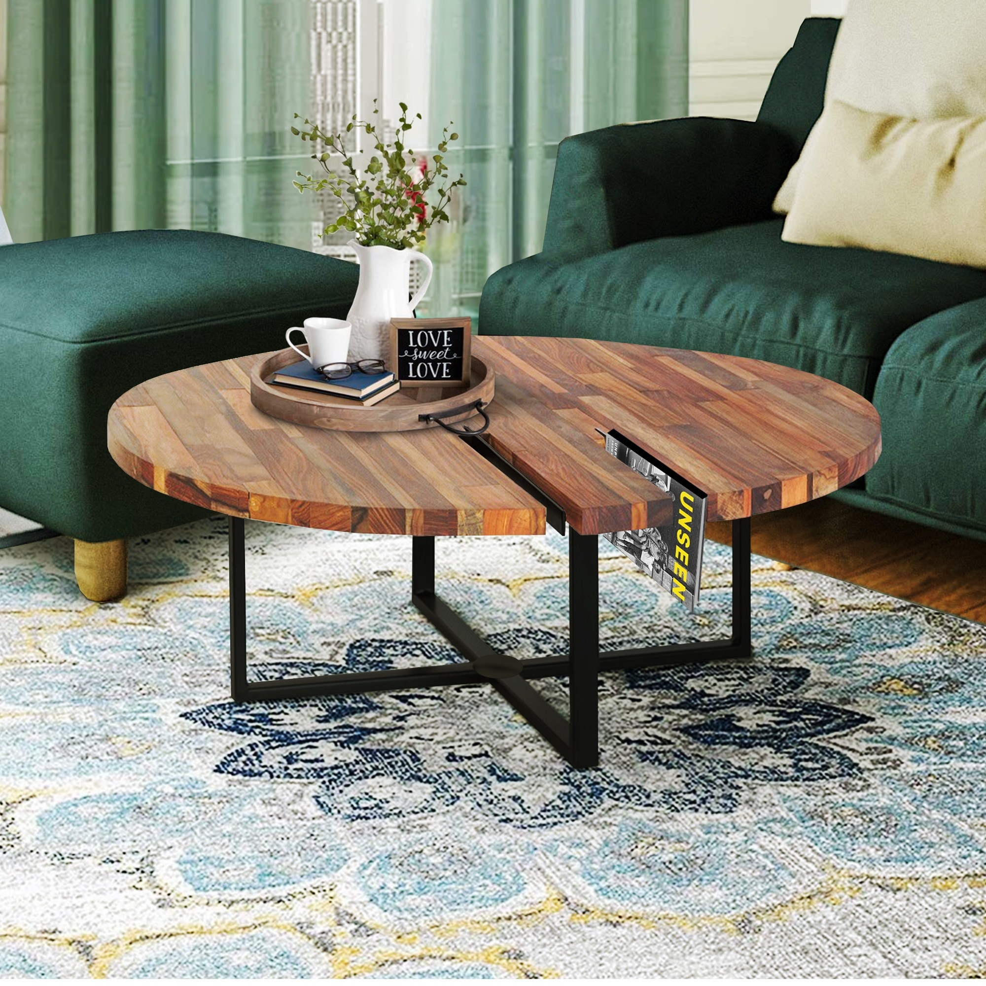 Peter 35 Inch Round Coffee Table， Solid Acacia Wood Tabletop， Steel Frame， Brown， Black - Mycitystee