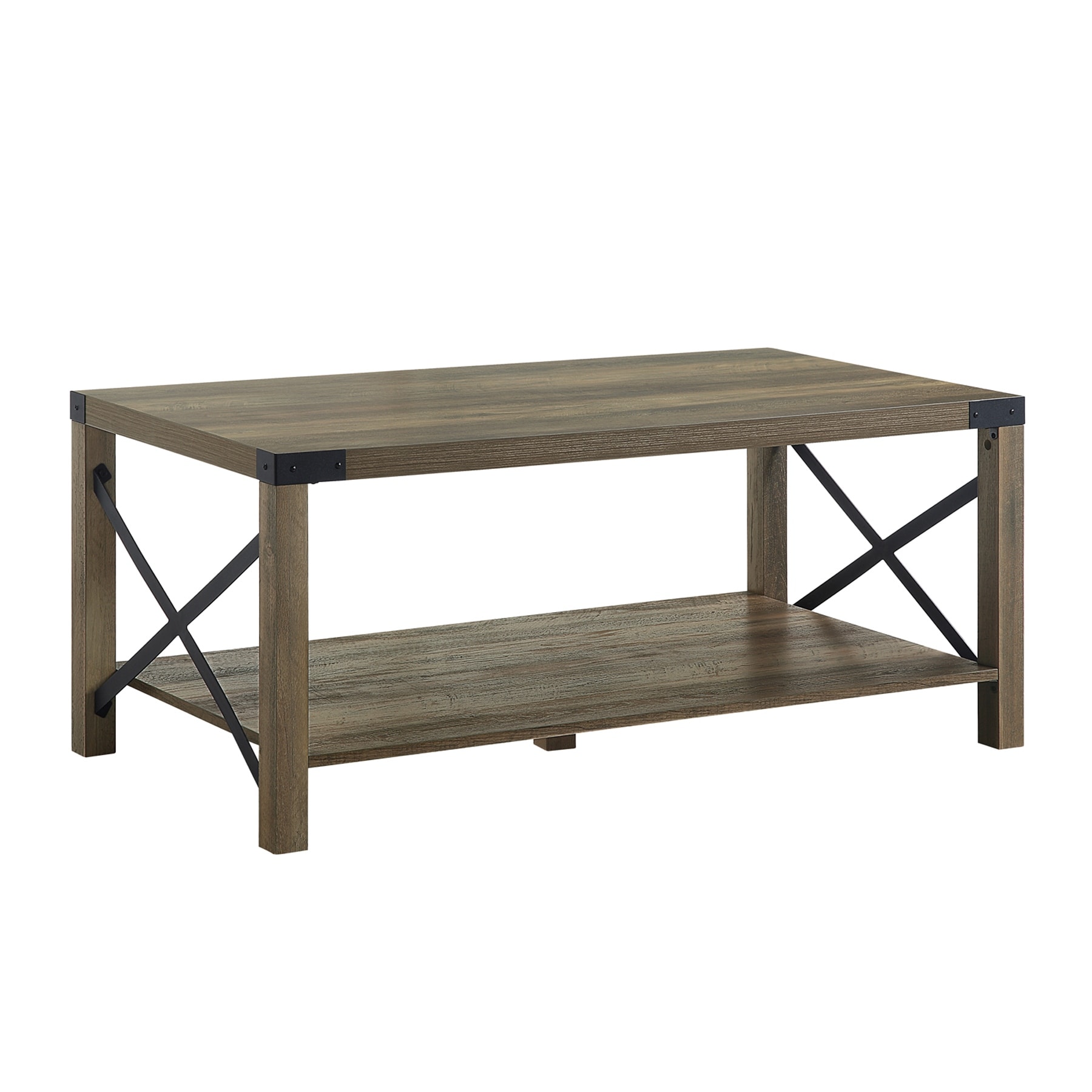 1 Open Shelf Wood Coffee Table with X Metal Base in Rustic Oak and Black - Mycitystee