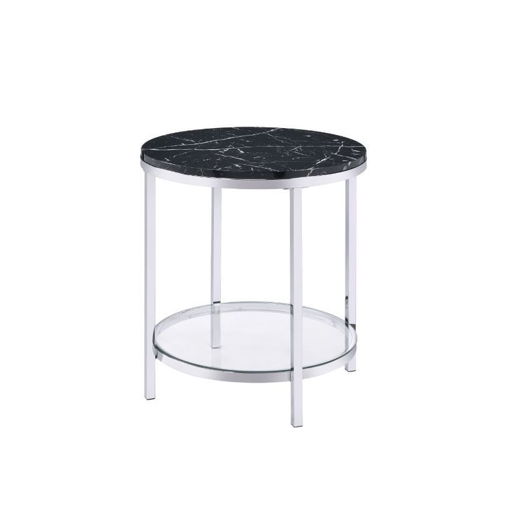 Contemporary Virlana Round End Table with Black Marble TopandGlass Shelf - Mycitystee
