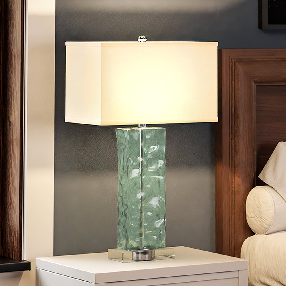 Luxury Contemporary Table Lamp， 17''W x 10.5''D x 30''H， with Modern-Farmhouse Elements， Clear Light Blue Finish and Linen Shade - Mycitystee
