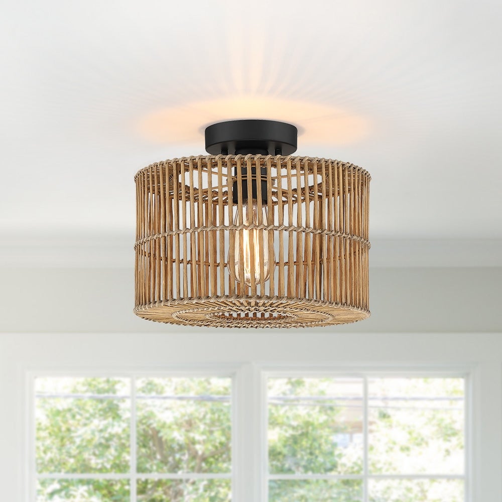 1-Light Bohemian Rattan Semi-Flush Mount Ceiling Light - D12