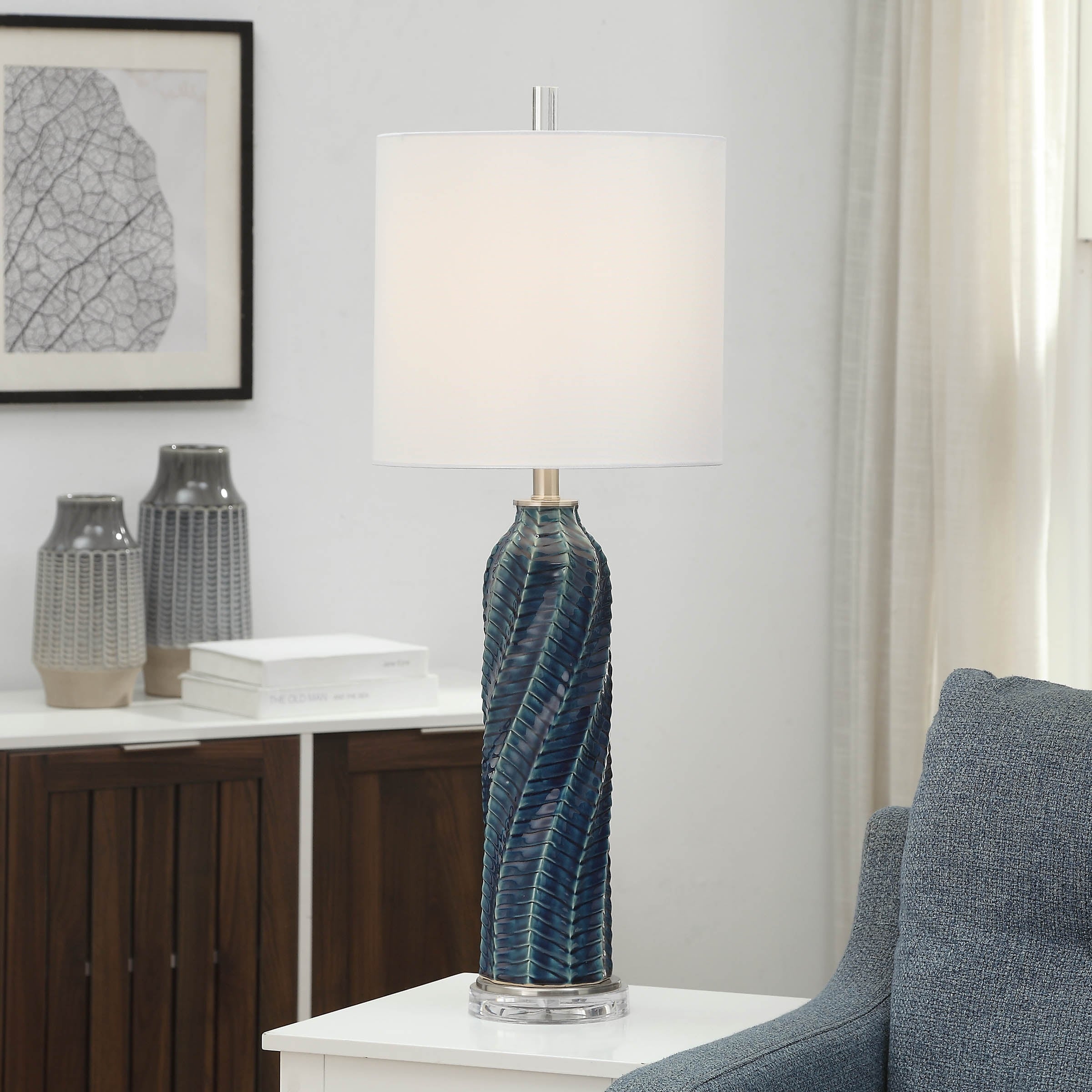 StyleCraft Arezzo Cylindrical Table Lamp with Diagonal Texture and Acrylic Base - Mycitystee