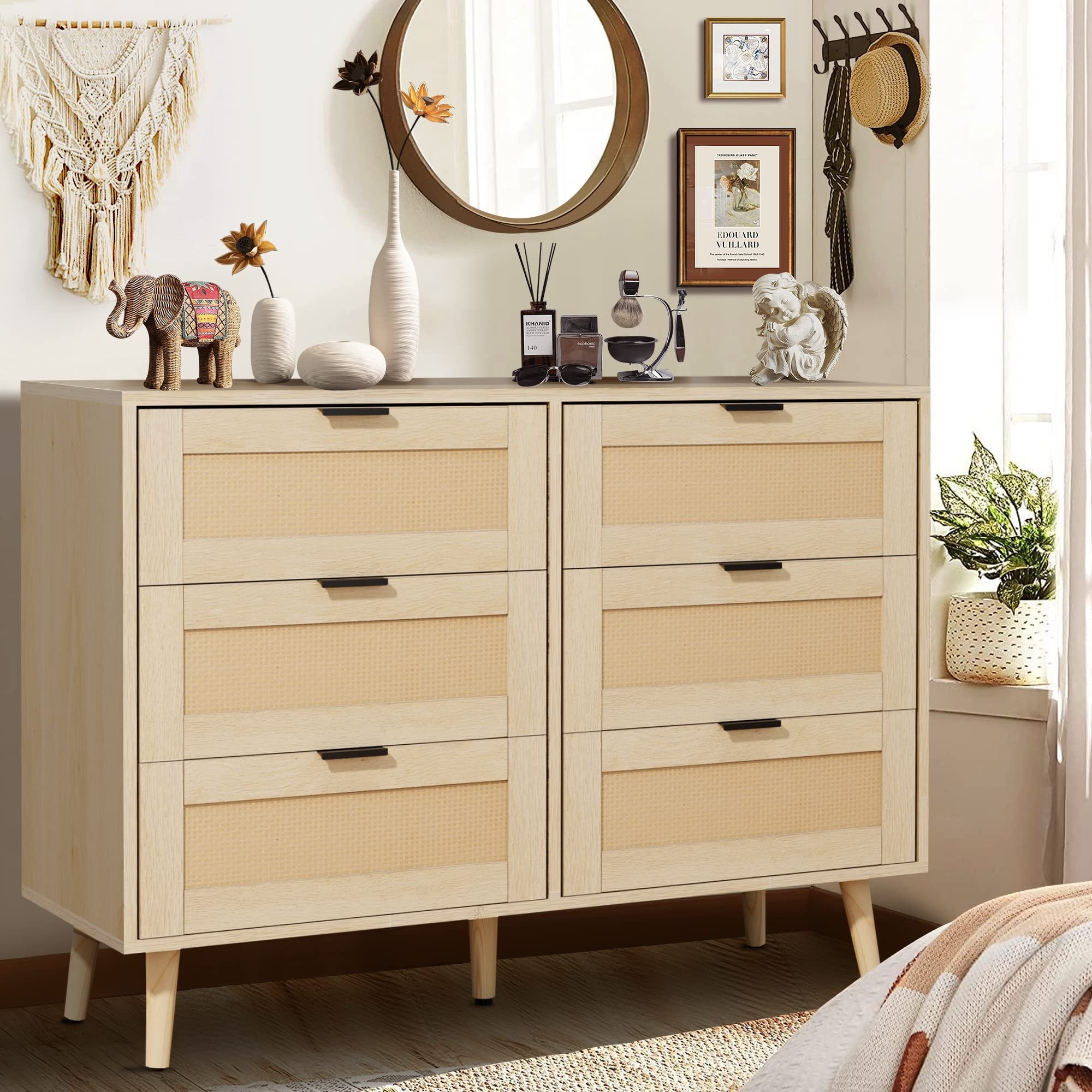 6 Drawer Double Dresser， Dual Chest of Drawers Modern Dresser for Bedroom with Rattan Door (Natural) - as picture - - 37668474 - Mycitystee