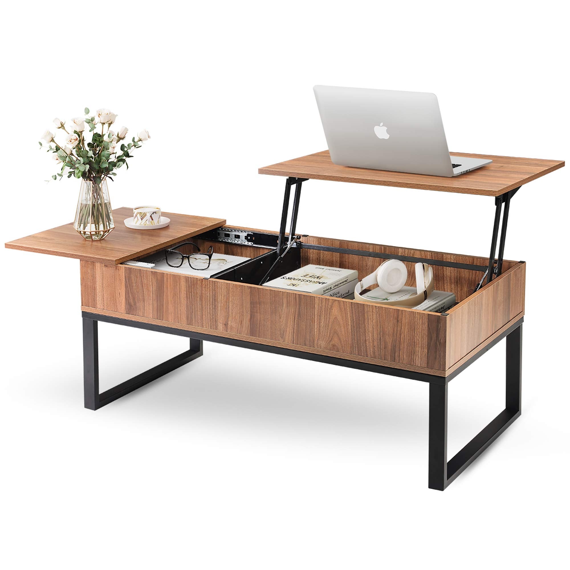 Wood Lift Top Coffee Table with Hidden Storage Compartment， Side Drawer and Metal Frame， Lift Tabletop Dining Table for Home - Mycitystee