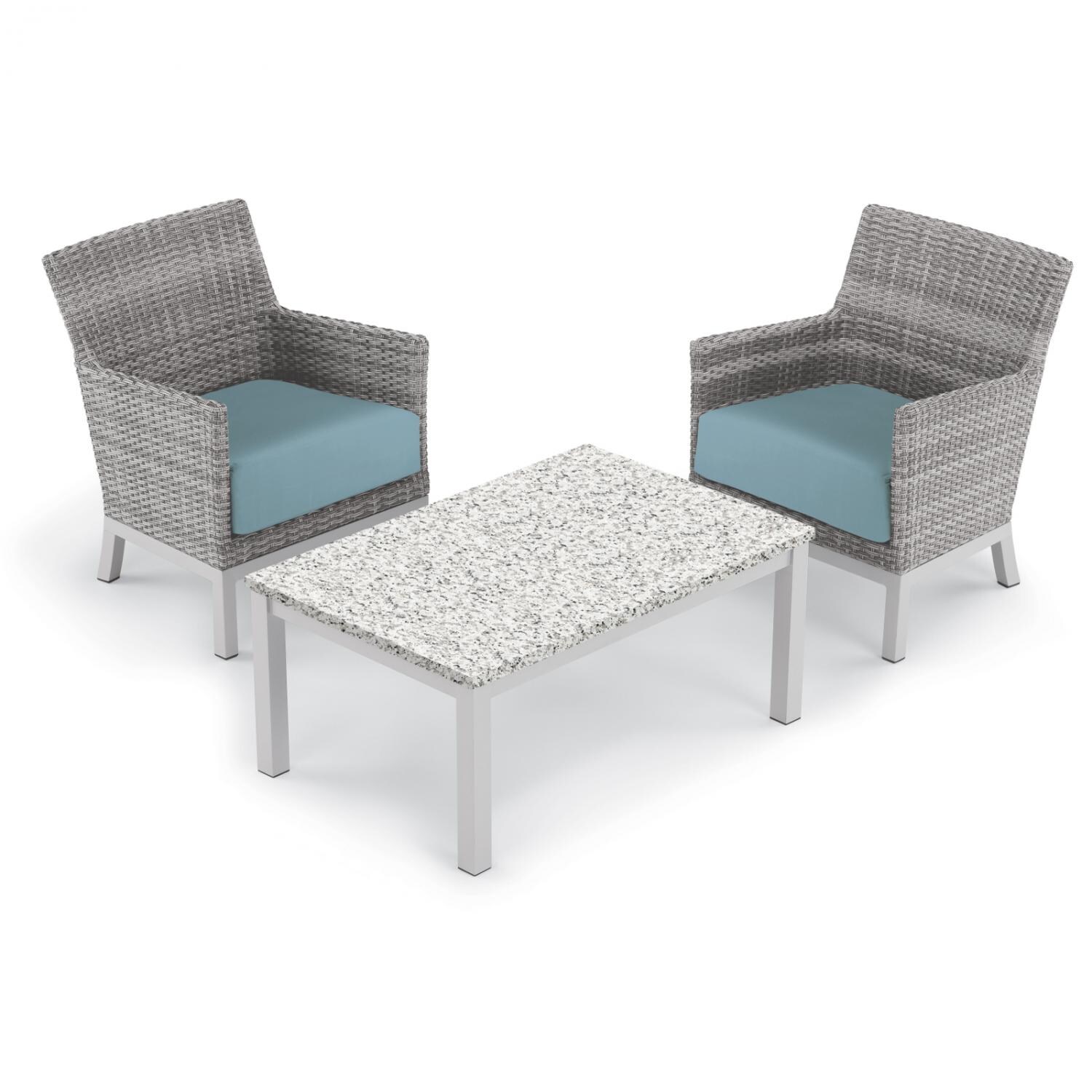 Argento 3 Piece Wicker Patio Conversation Set W/ Lite-Core Ash Coffee Table and Ice Blue Cushions By Oxford Garden - Mycitystee