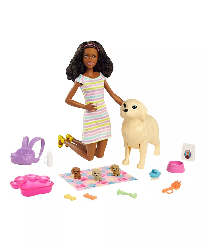 Barbie Doll Newborn Pups Playset with Brunette Doll， Mommy Dog， 3 Puppies， Kids Toys - Mycitystee